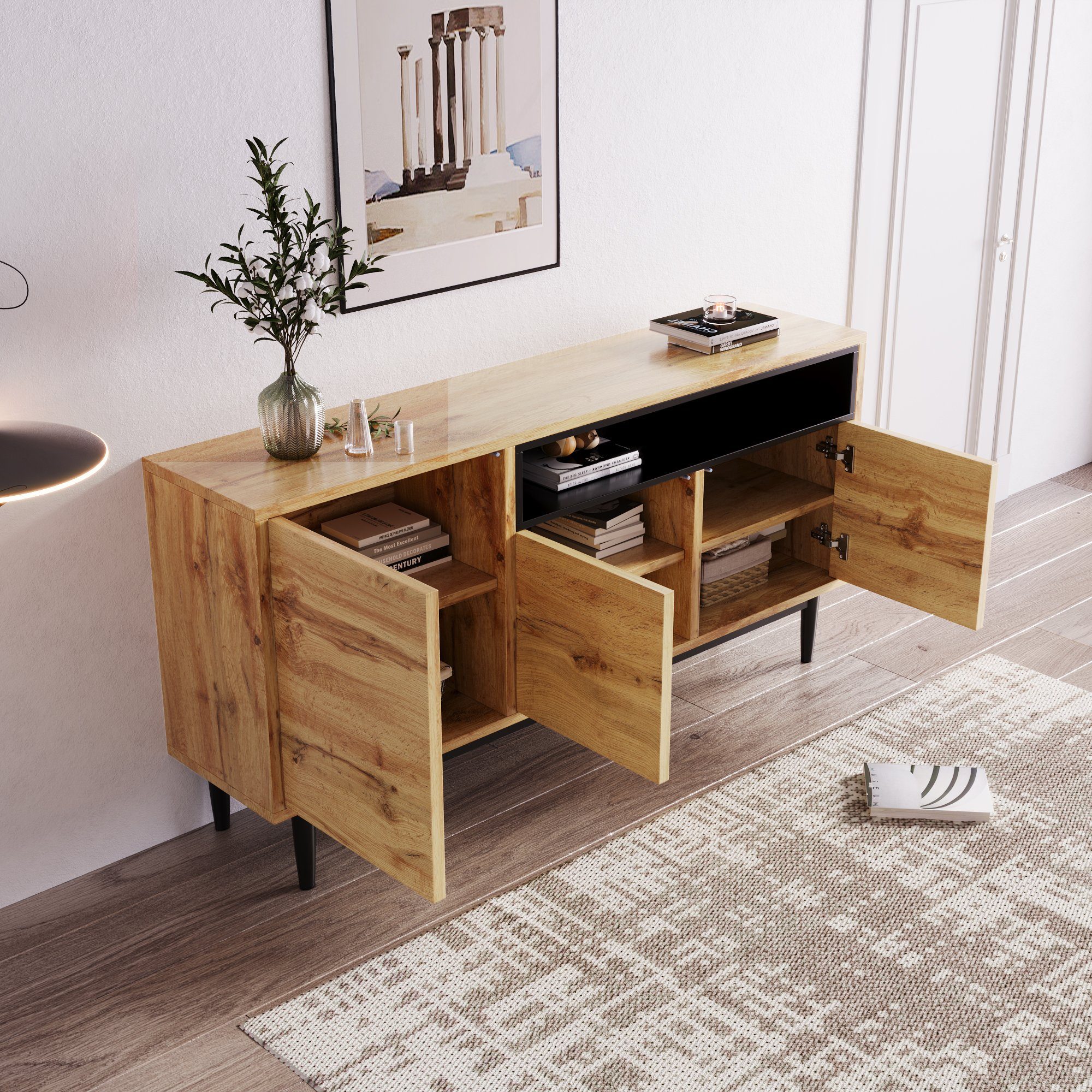 35 und 160 zuverlässig), robust sideboard Regalen mit Sideboard (Einfache platzsparendes Moderner Design, aus OKWISH x und Türen drei 76 Holz Montage, cm x