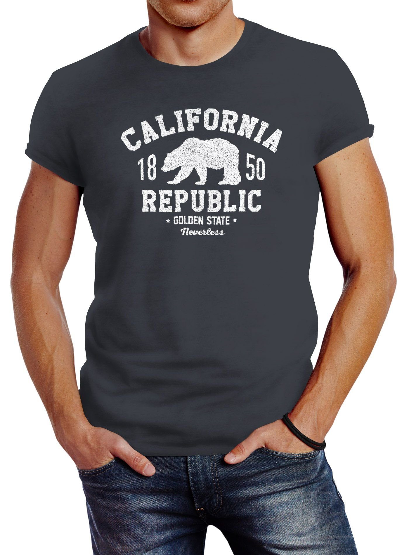 mit California Print T-Shirt Herren Bär Print-Shirt Neverless Golden Slim Kalifornien Bear State Neverless® Grizzly grau Fit Logo Republic