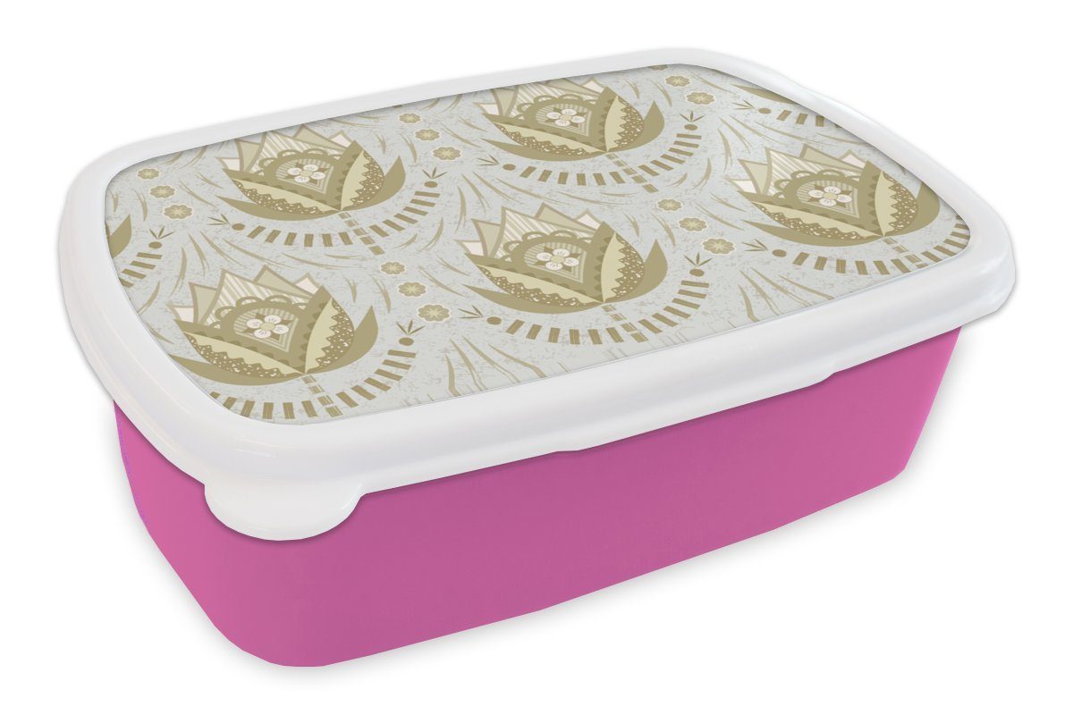 MuchoWow Lunchbox Blumen - Gold - Muster, Kunststoff, (2-tlg), Brotbox für Erwachsene, Brotdose Kinder, Snackbox, Mädchen, Kunststoff rosa