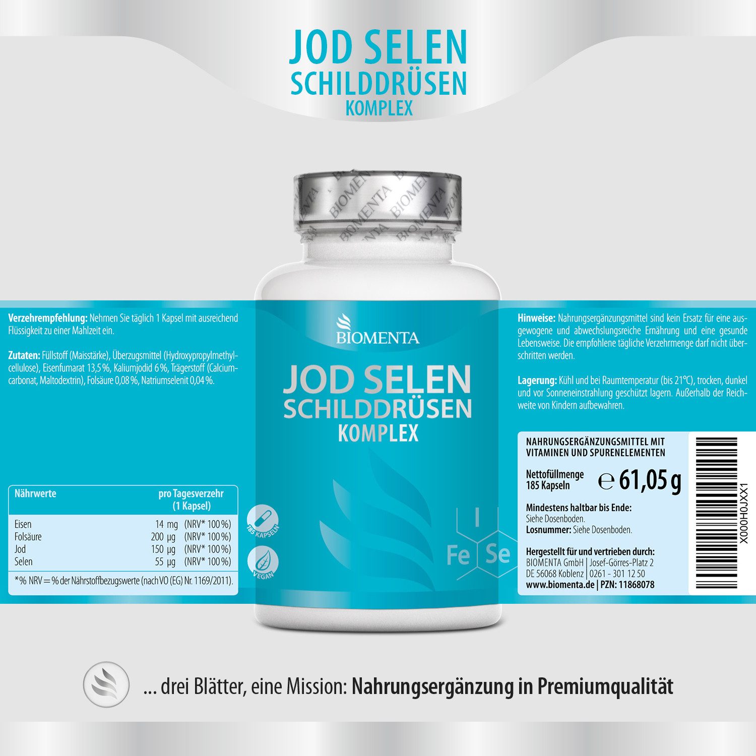 BIOMENTA Jod Selen Schilddrüsen Komplex - 185 Kapseln - Wirkstoffkomplex Kapseln, 185 St., 61.05 g