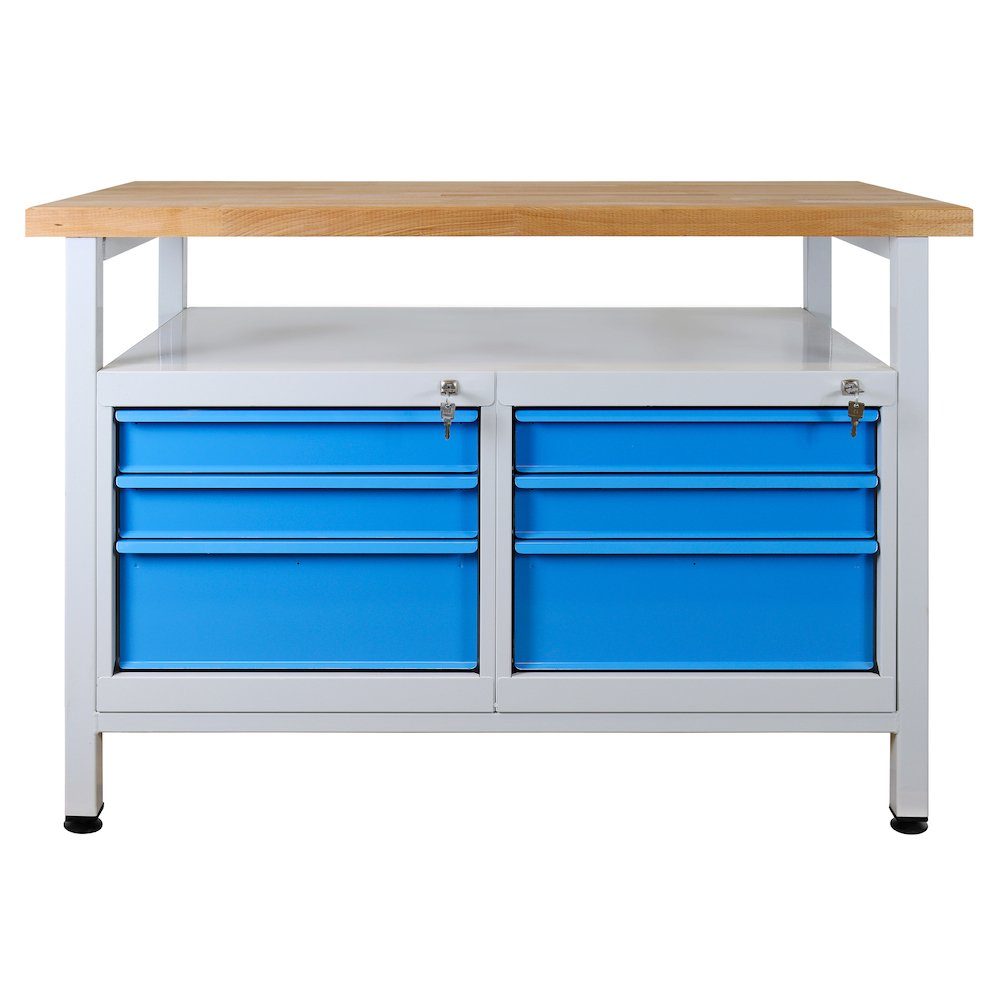 PROREGAL® Werkbank Werkbank Rhino mit Ablagefläche + 6 Schubladen, Grau/Blau Lichtblau