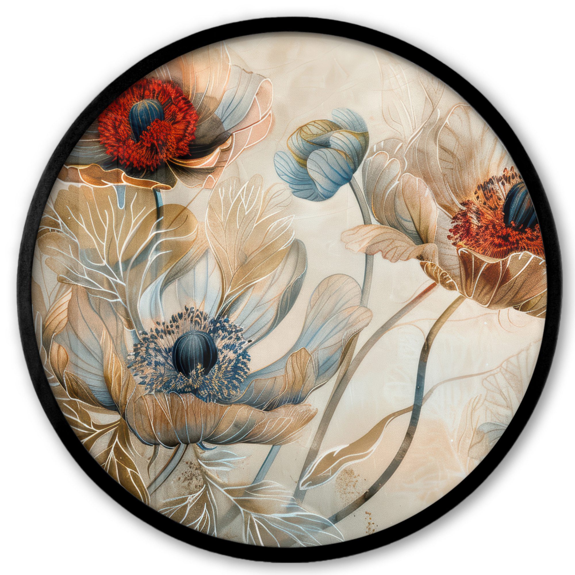 MuchoWow Poster Rund - Blumen - Beige - Modern - Illustration, (1 St), Runde Wandbilder, Deko für Wohnzimmer und Schlafzimmer, 40x40 cm