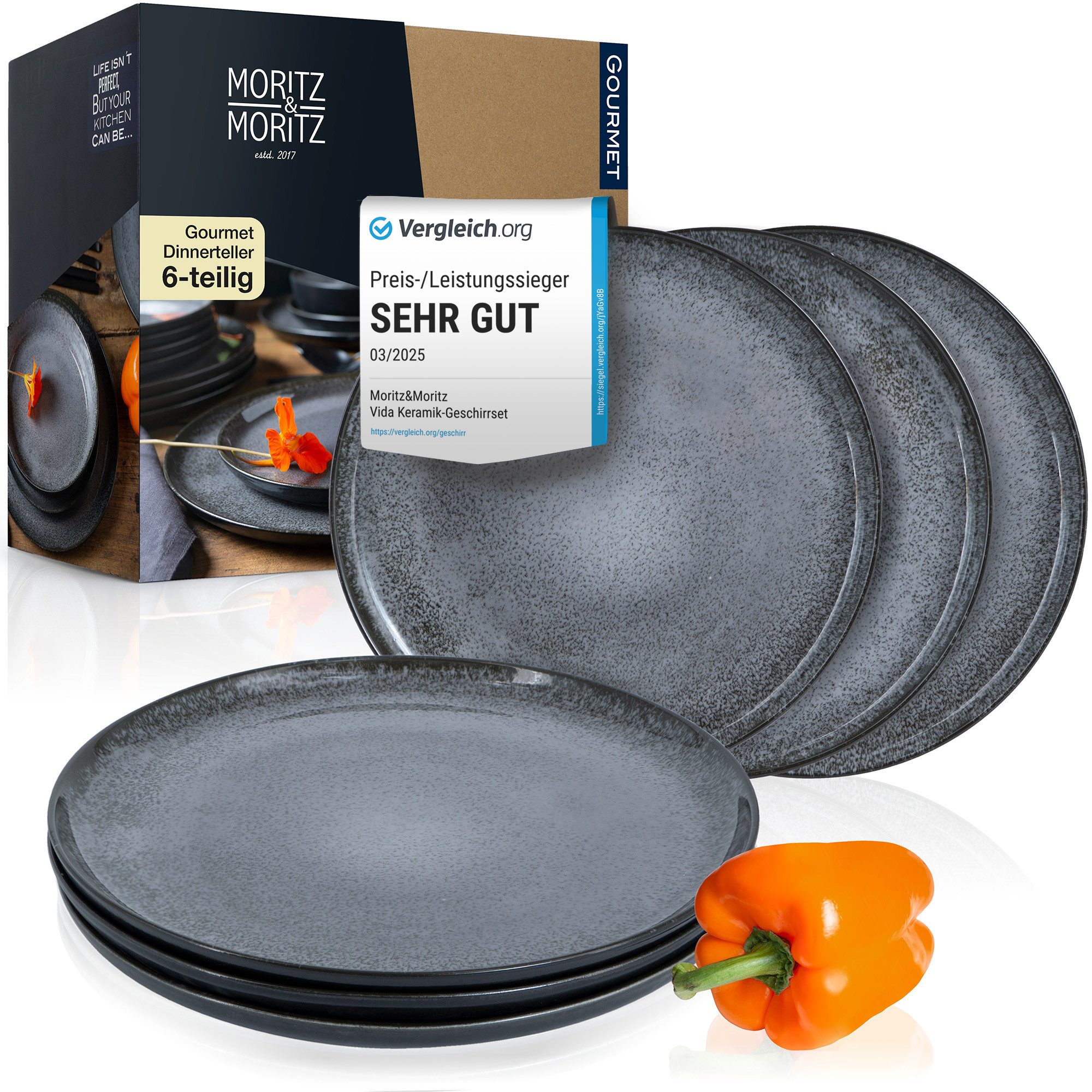 Moritz & Moritz Geschirr-Set VIDA Dinnerteller für 6 Personen Anthrazit (6-tlg), 6 Personen, Porzellan, Speiseteller Geschirrset für 6 Personen