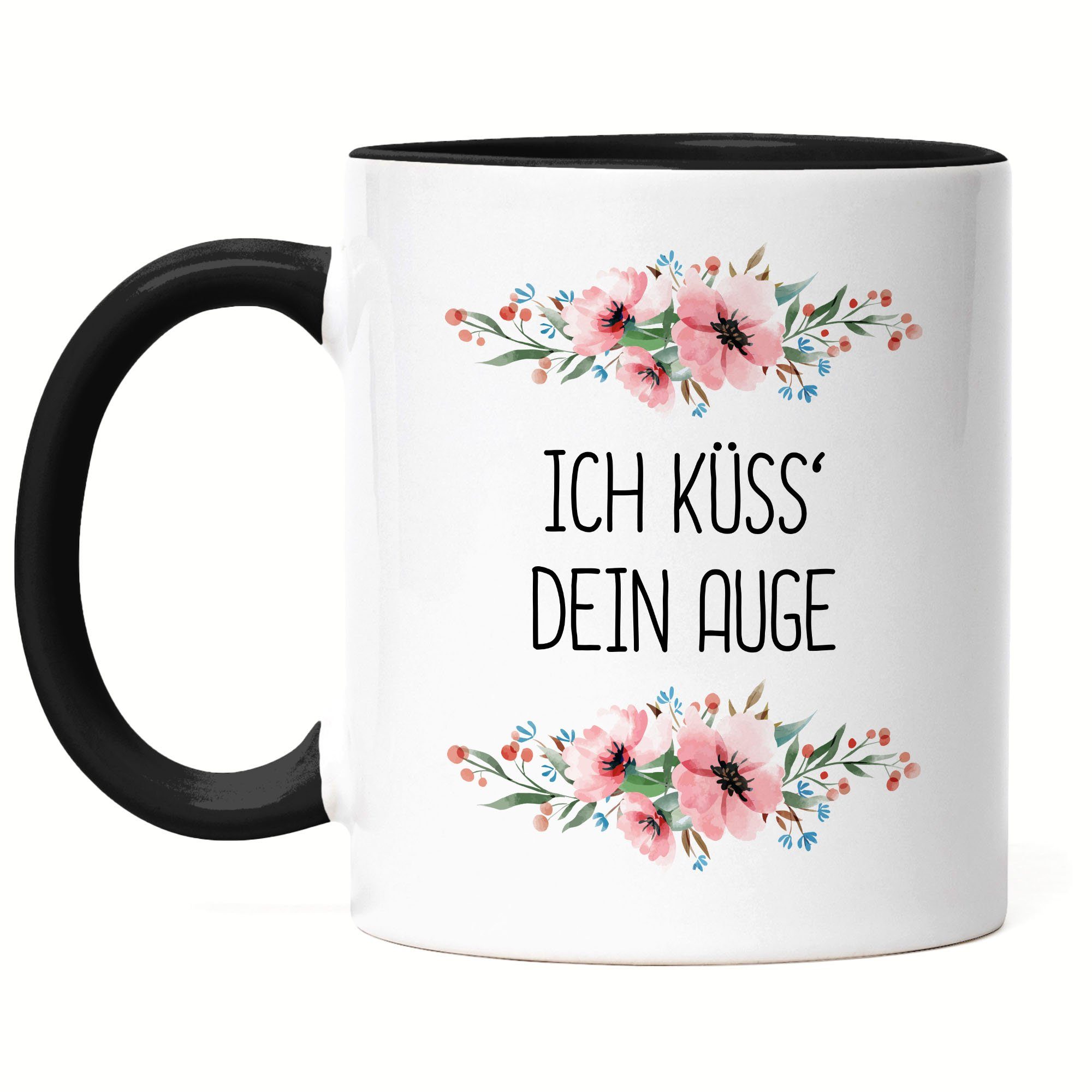 Hey!Print Tasse Tasse Schwarz mit Spruch Küsse dein Auge lustig sarkastisch humorvoll Kaffeetasse mit Blumen Motiv Geschenk, Keramik