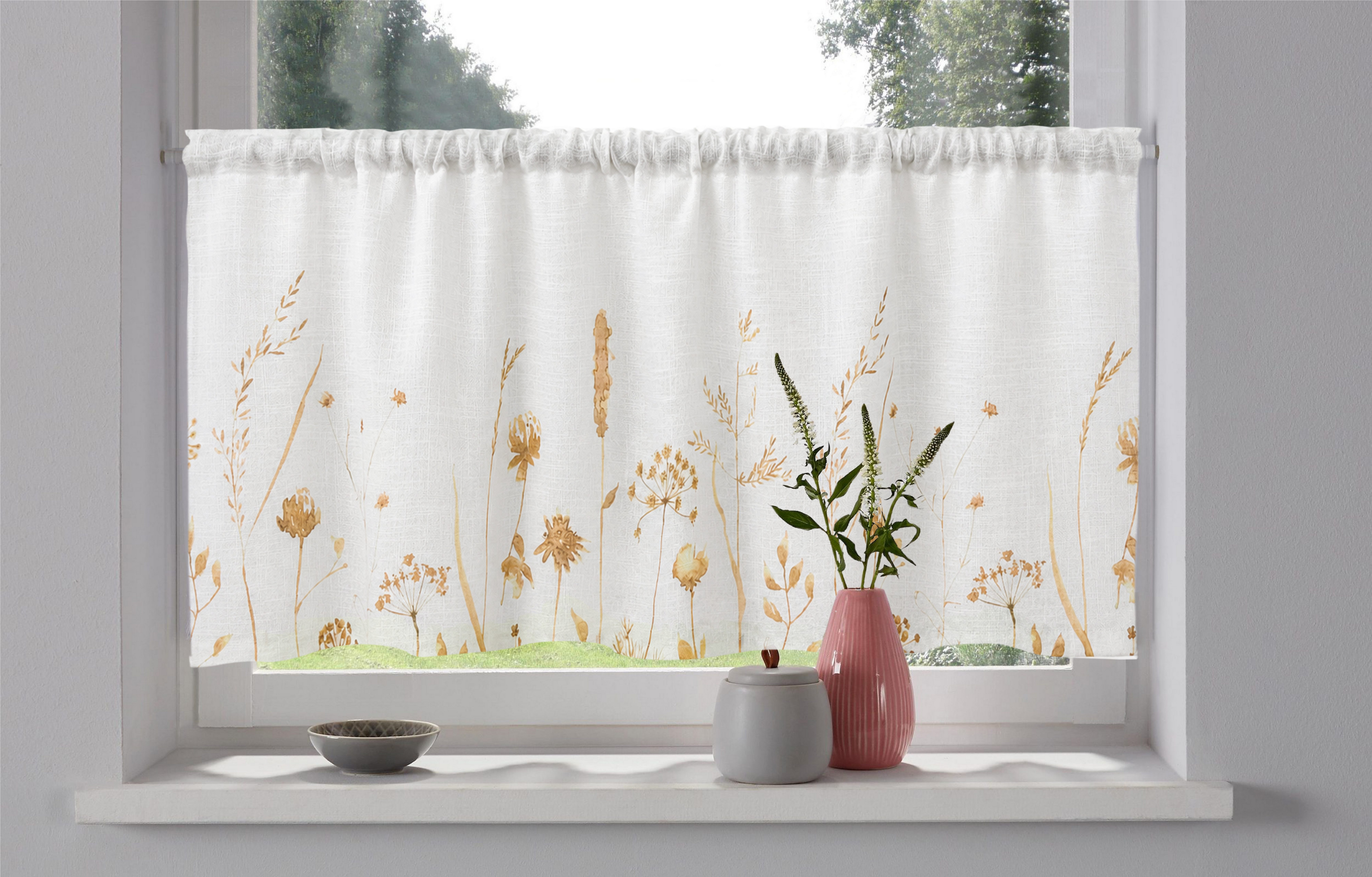 OTTO home Scheibengardine Rikkert (1 St), Stangendurchzug, halbtransparent, Lichtschutz, Leinen-Optik mit Naturmotiv, verschiedene Größen