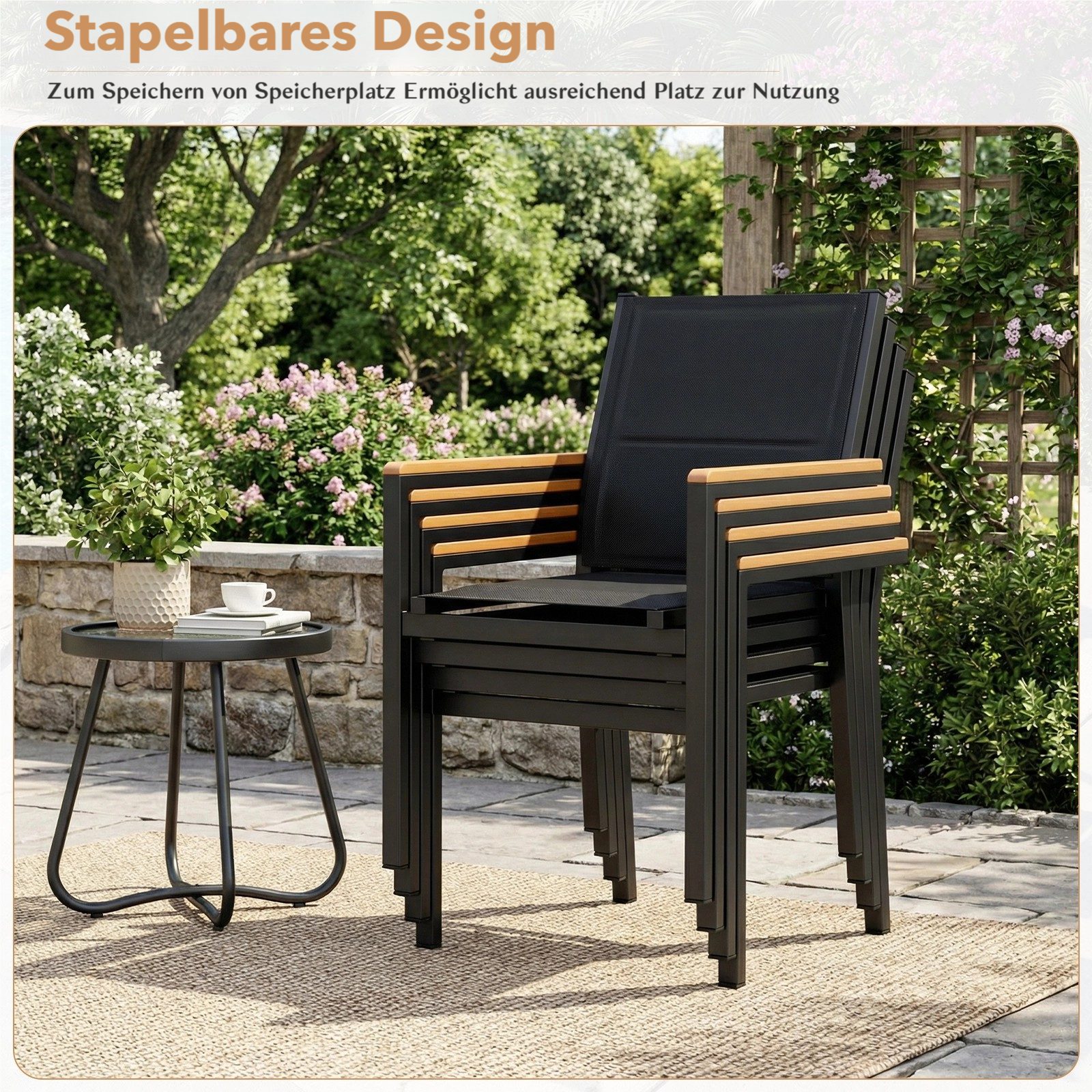TLGREEN Stapelstuhl Gartenstuhl 2/4er Set, Aluminium, mit Gesteppte Rückenlehne (2 St), WPC Handlauf, für Terrasse, Balkon, Terrasse, Pool, Restaurants