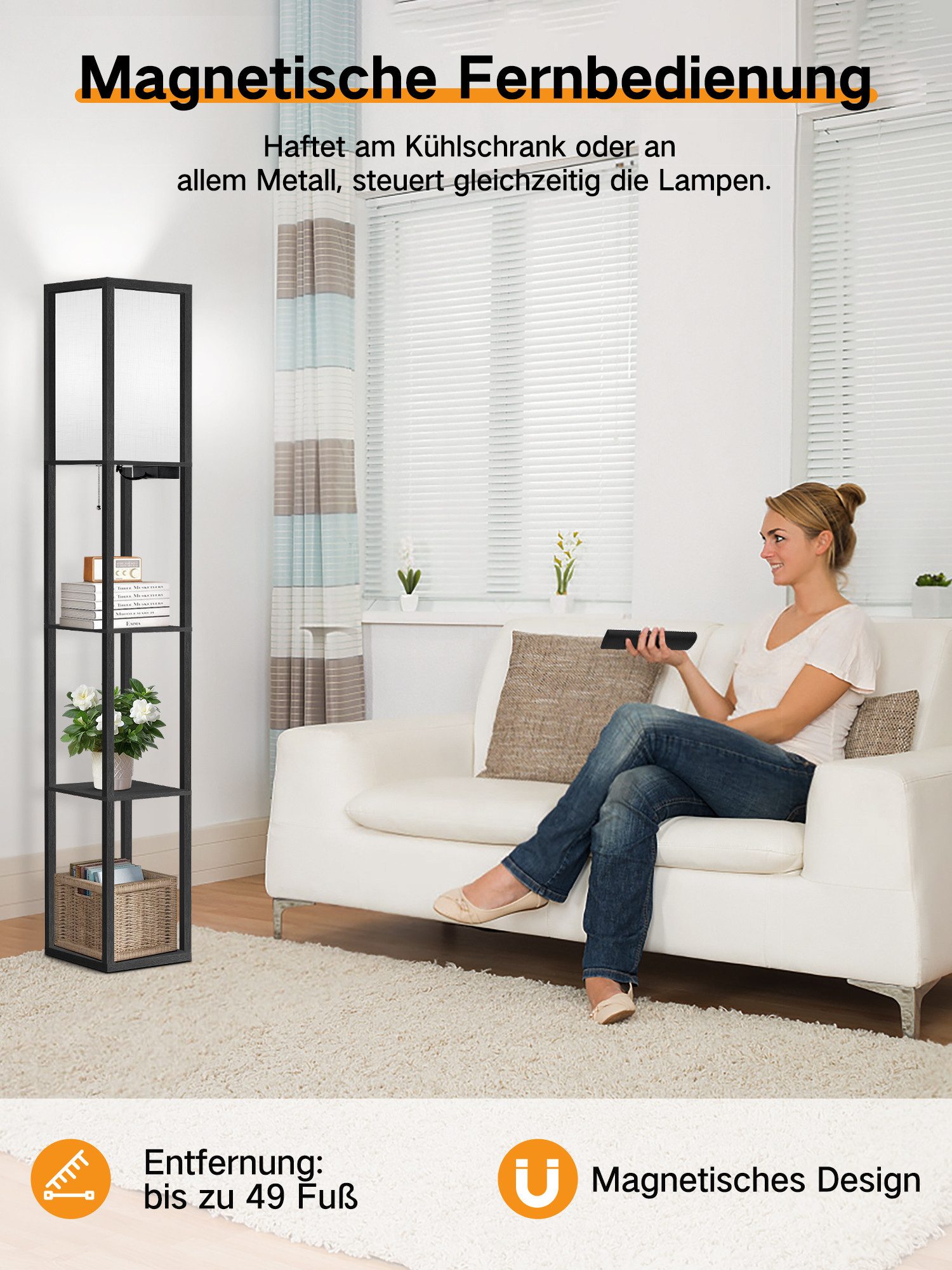 OUTON LED Stehlampe Regal mit Fernbedienung, 2 USB-Anschlüsse und 1H Timer, LED wechselbar, mit eleganter Holzoberfläche und Leinenschirm – Bild 2 von 5
