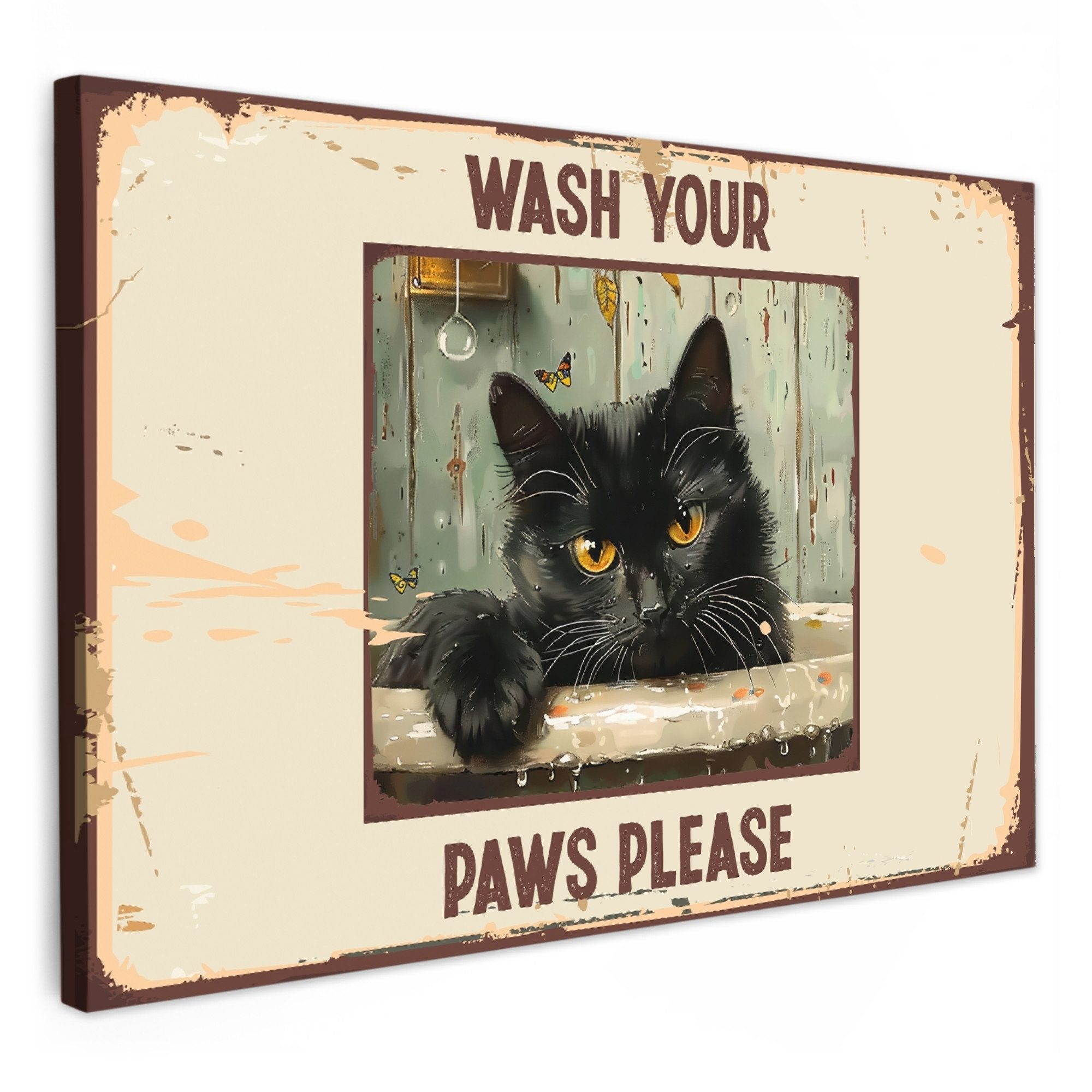 OneMillionCanvasses® Leinwandbild Vintage - Katze - Zitat - Wash your paws günstig online kaufen