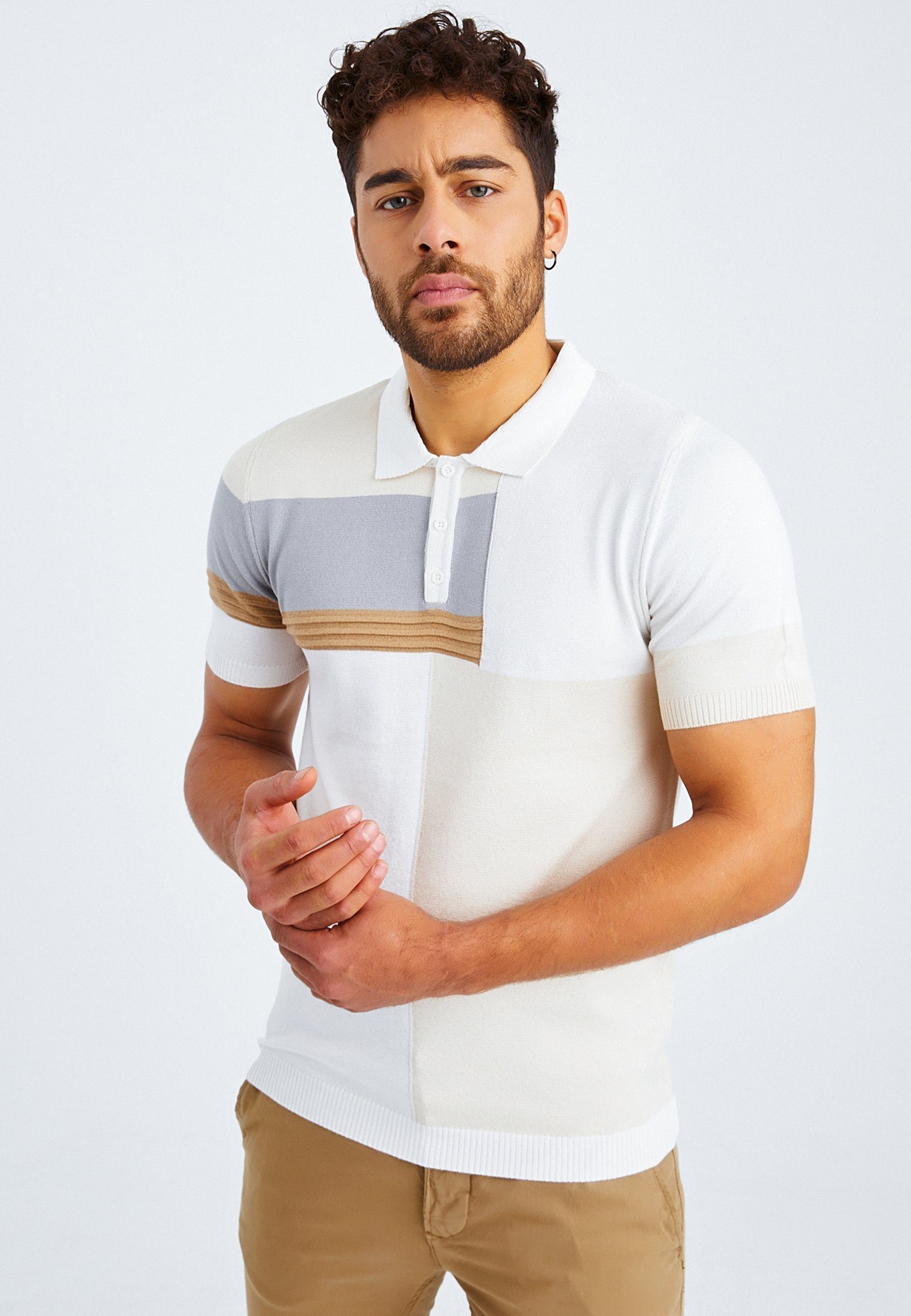 Leif Nelson normal Polo LN-7590 ecruweiß-beige Feinstrick T-Shirt