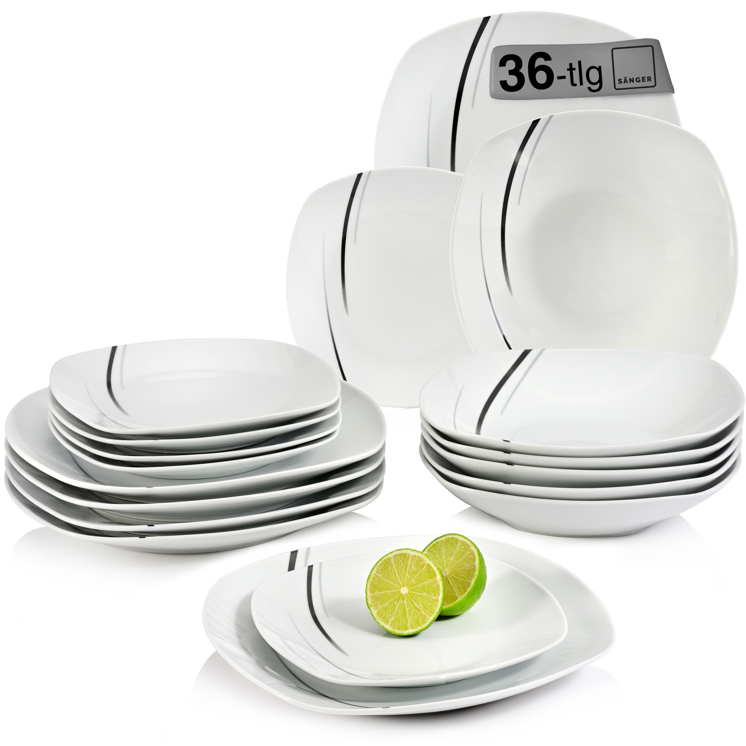 SÄNGER Tafelservice Bilgola Black Lines Geschirrset, Weiß (36-tlg), 12 Personen, Porzellan, Premium Collection