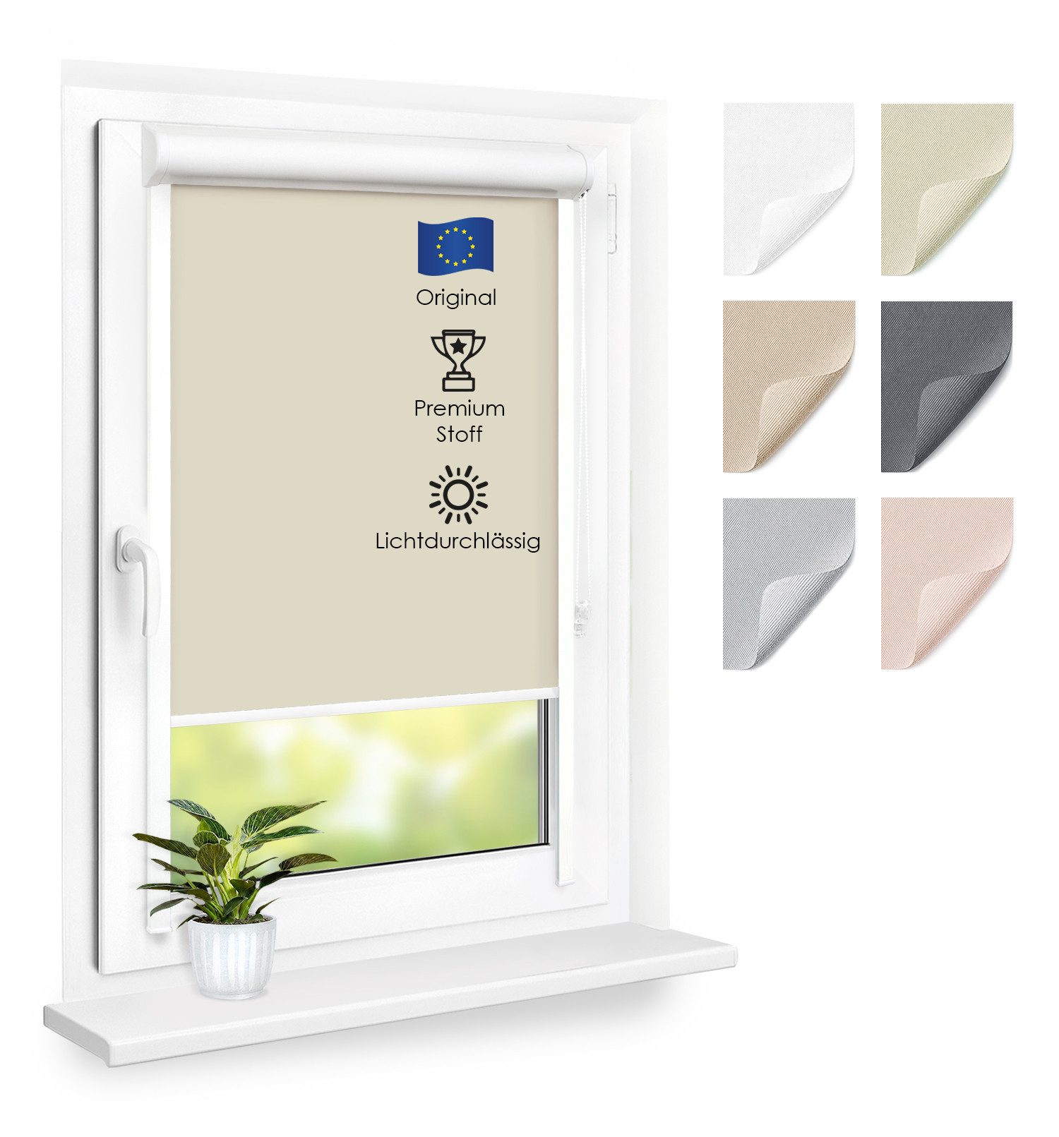 Rollo Premium Kassettenrollo mit Seitenschienen, Fensterrollo, DomDeco, blickdicht, ohne Bohren, durch Kleben oder Schrauben, Lichtdurchlässig, Rollo mit Seitenführung, Seitenzugrollo