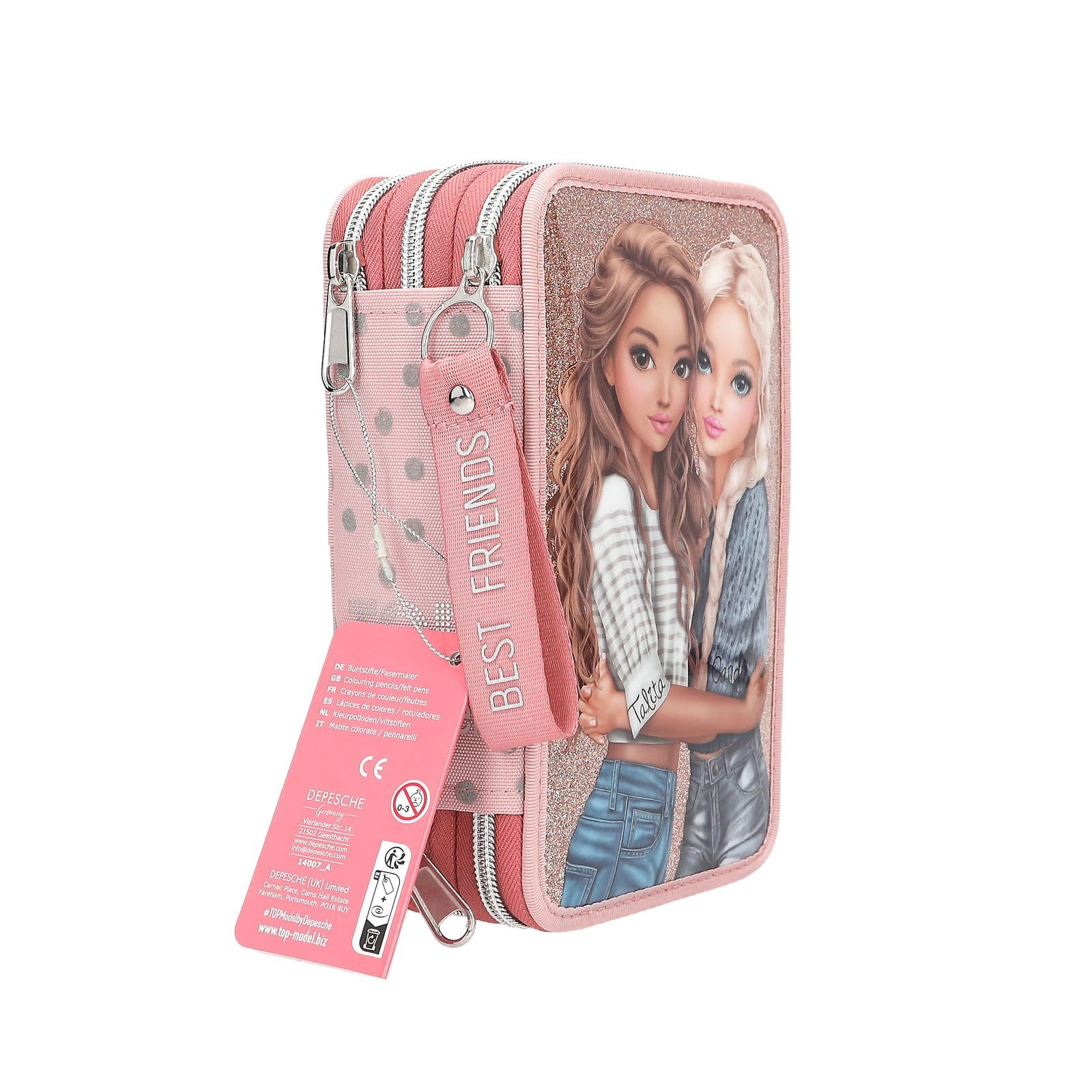 Depesche Federmäppchen Gefüllte 3-Fach Federtasche Rosa mit TOPModel Motiv, 20 cm, Punkte-Muster, Glitzer, Buntstifte, Schere, Lineal enthalten – Bild 4 von 5