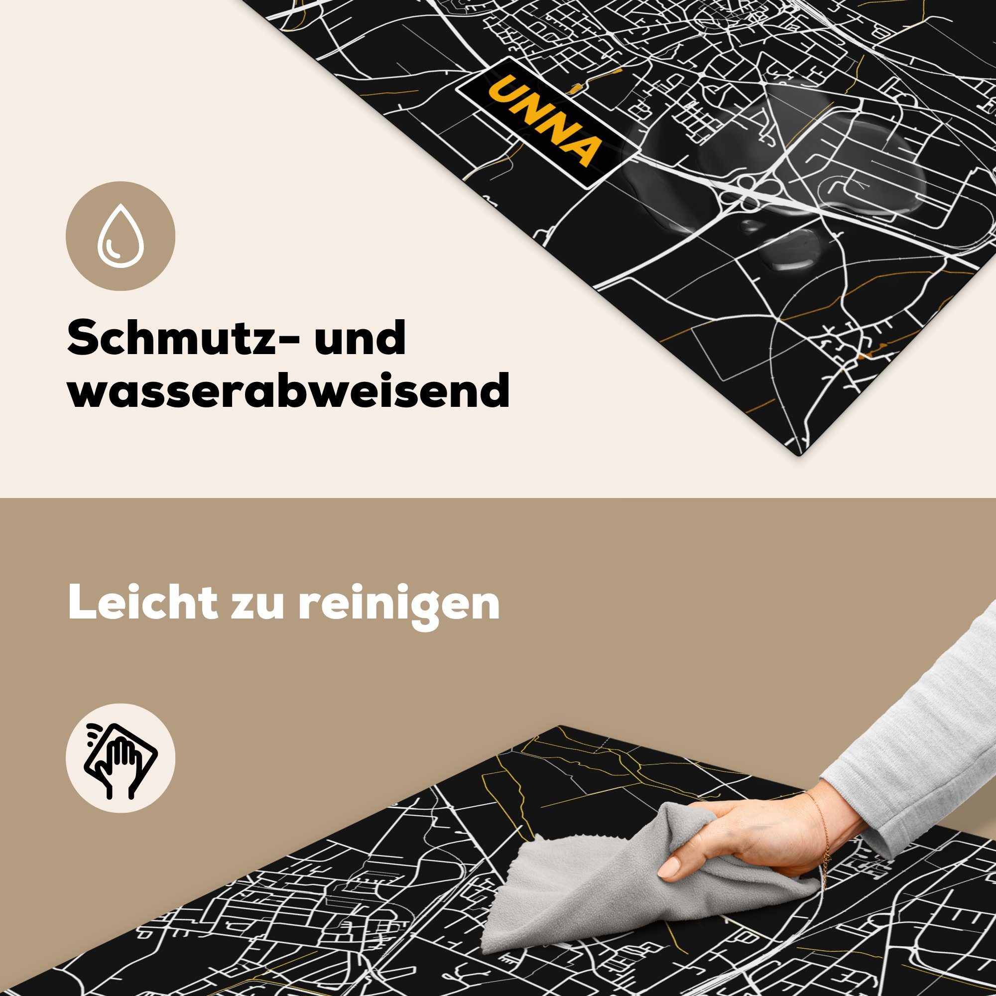 Stadtplan Schwarz (1 - MuchoWow 78x78 Vinyl, Ceranfeldabdeckung, küche tlg), und für Arbeitsplatte Karte, - - cm, - Unna Herdblende-/Abdeckplatte Gold Deutschland
