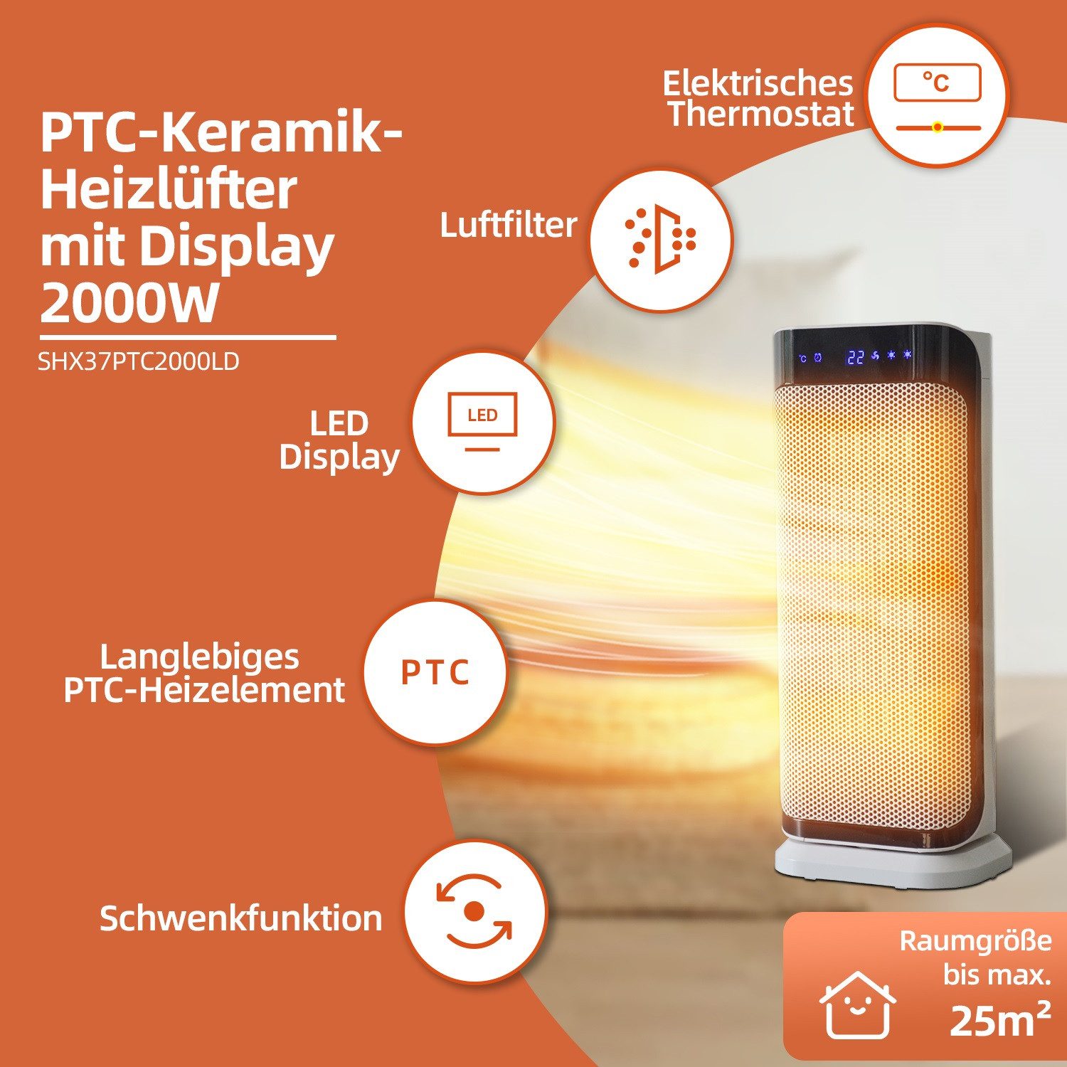 SHX Keramikheizlüfter, PTC Keramik Heizlüft, 3 Leistungsstufen, Schwenkfunktion, Timer, 2000 W, LED-Display, Fernbedienung, Thermostat, Auto Abschaltung