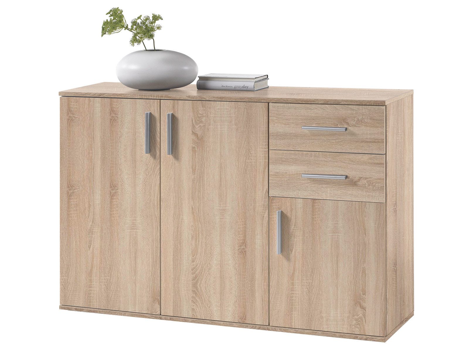 Bega Consult Kommode aus Spanplatte, in Sonoma hell, mit 3 Türen, 2 Schubkästen (B/H/T 120 x 82 x 35 cm)