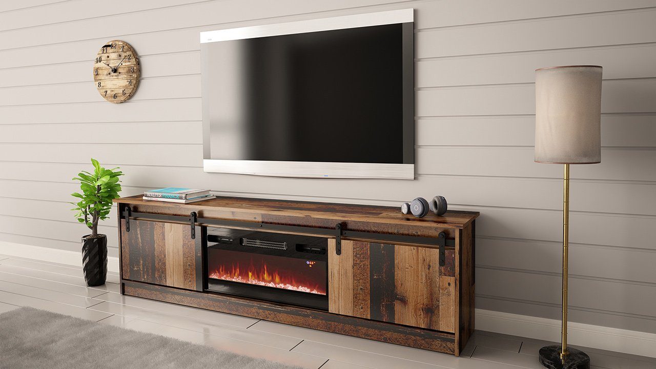 Mirjan24 TV-Schrank Granero 200 mit Kamin (mit 2 Schiebetüren) 200x35x57 cm, Realistische LED-Flamme Old Wood