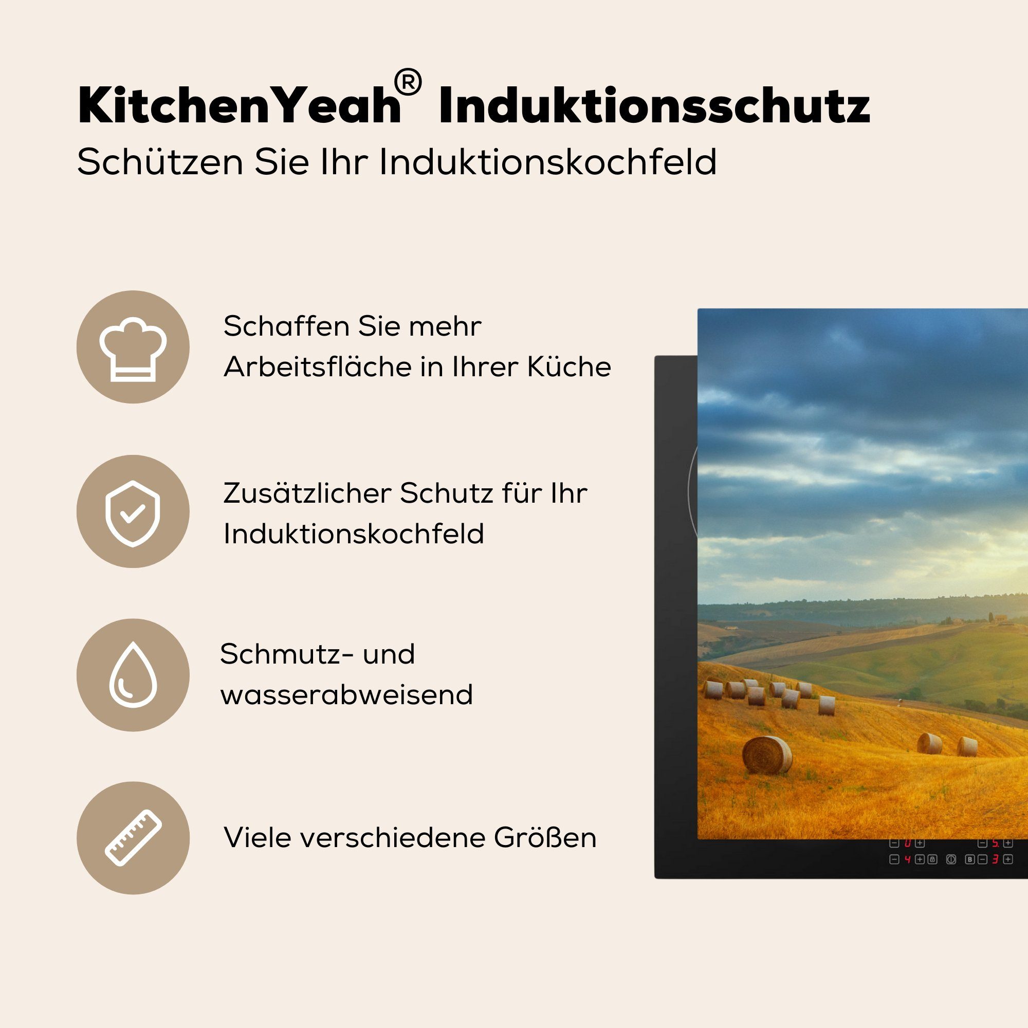 küche, 81x52 Heuballen Toskana Herdblende-/Abdeckplatte - für MuchoWow cm, Vinyl, die Schutz Sonne, tlg), Ceranfeldabdeckung Induktionskochfeld (1 -