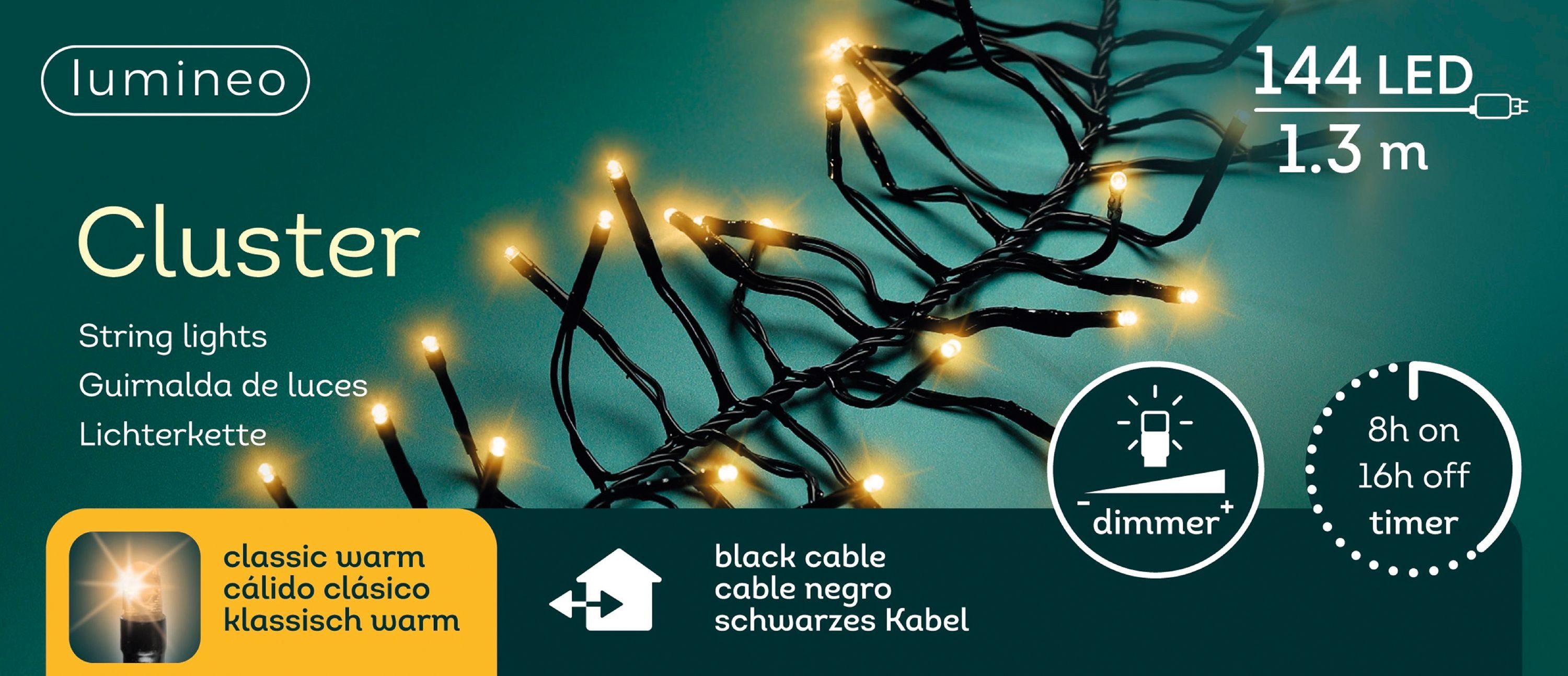LED-Lichterkette Lumino Lichterkette Cluster 144 LED 1,3 m klassisch warm, schwarzes
