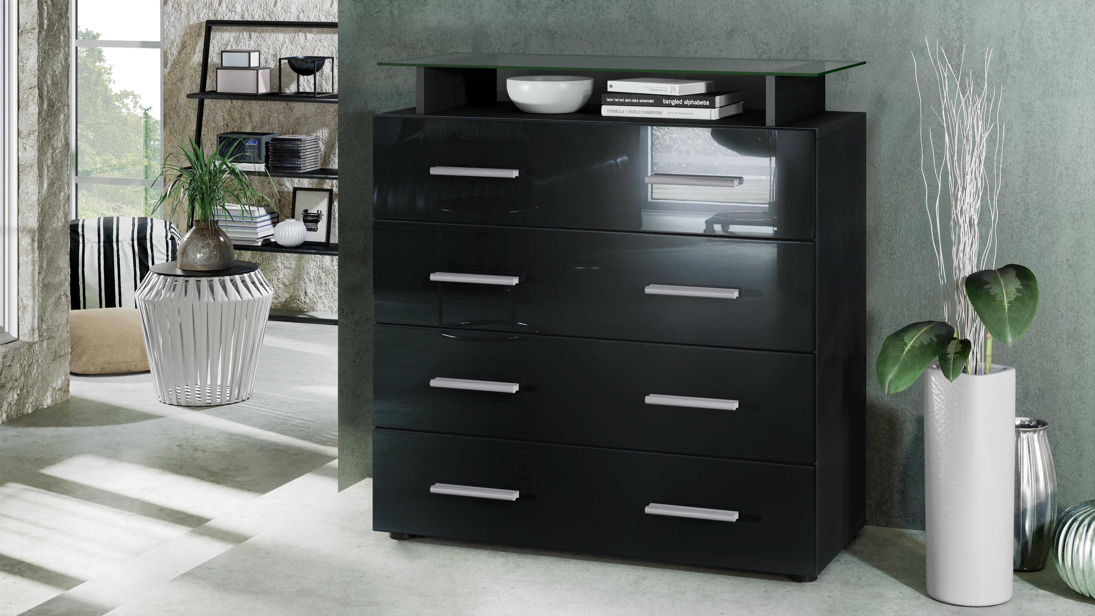 Vladon Kommode Pavos V2 (Kommode, mit 4 Schubladen und Glasablage), Schwarz matt/Schwarz Hochglanz (76 x 81 x 35 cm)