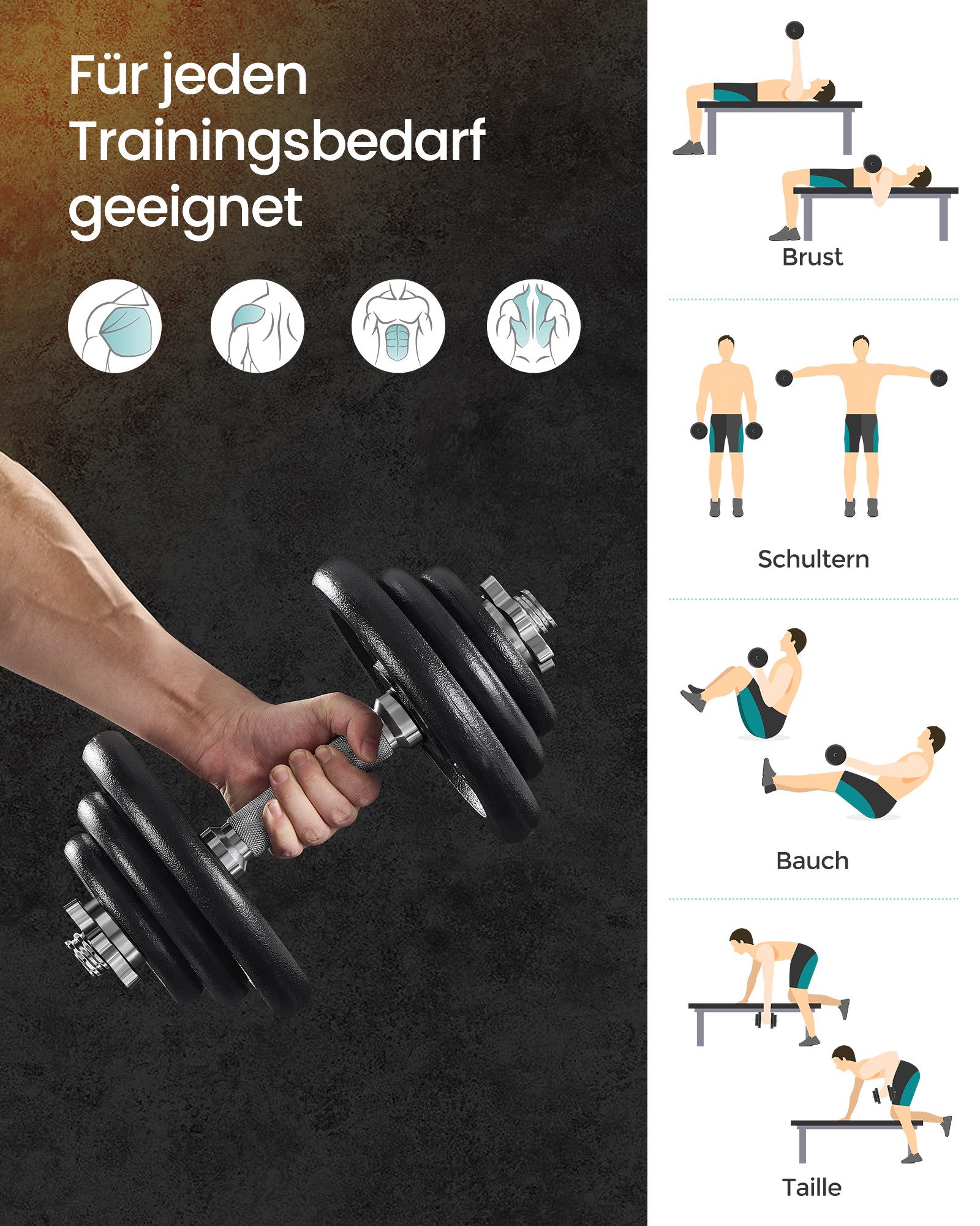SONGMICS Kurzhantel Hanteln, Hantelset aus Gusseisen, verstellbar, für Workout, Fitnesstraining, Gewichtheben für Zuhause, Fitnessstudio