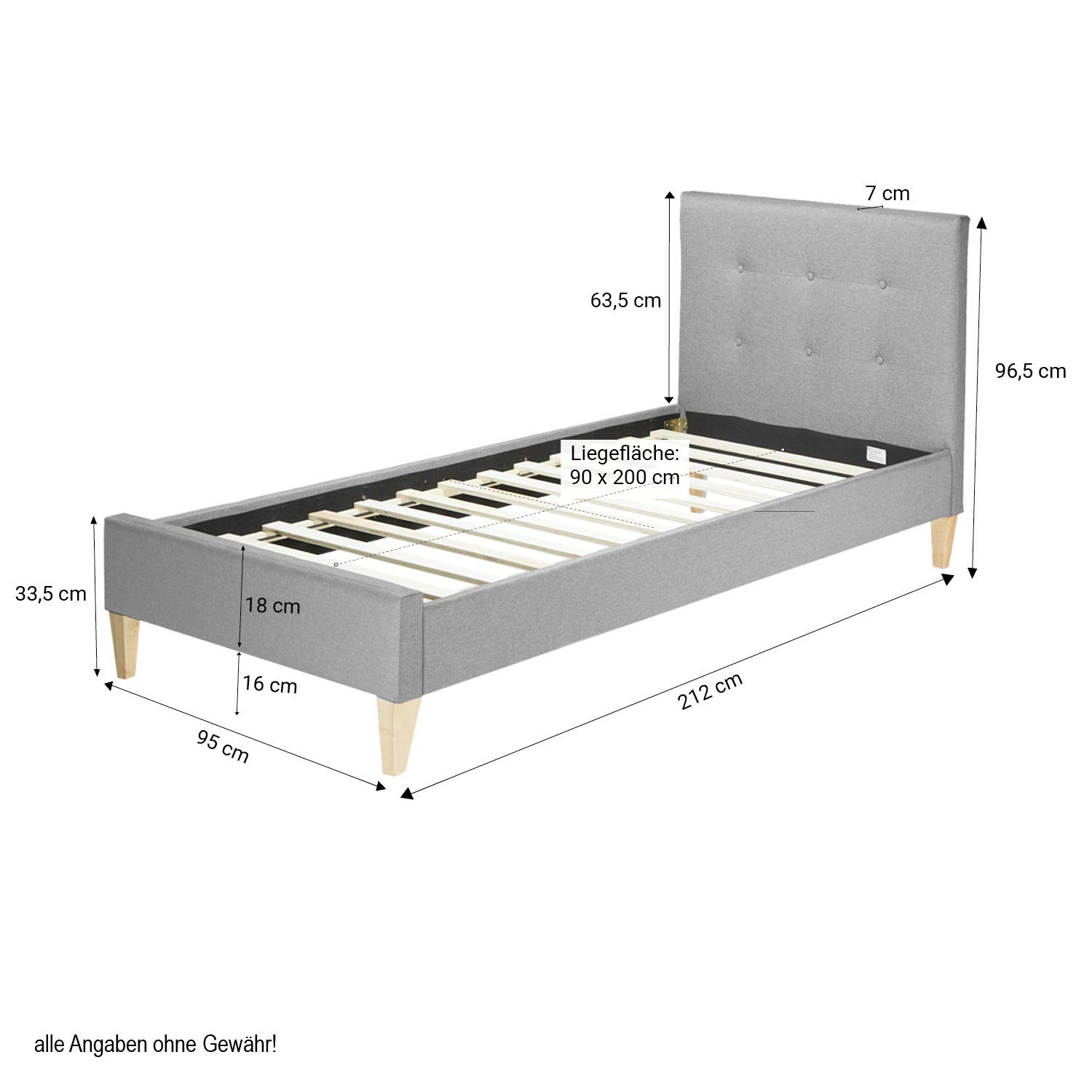 Homestyle4u Polsterbett 90x200 mit Lattenrost Einzelbett Grau Stoffbett mit Polsterkopfteil (Set, Bettgestell mit Lattenrost)