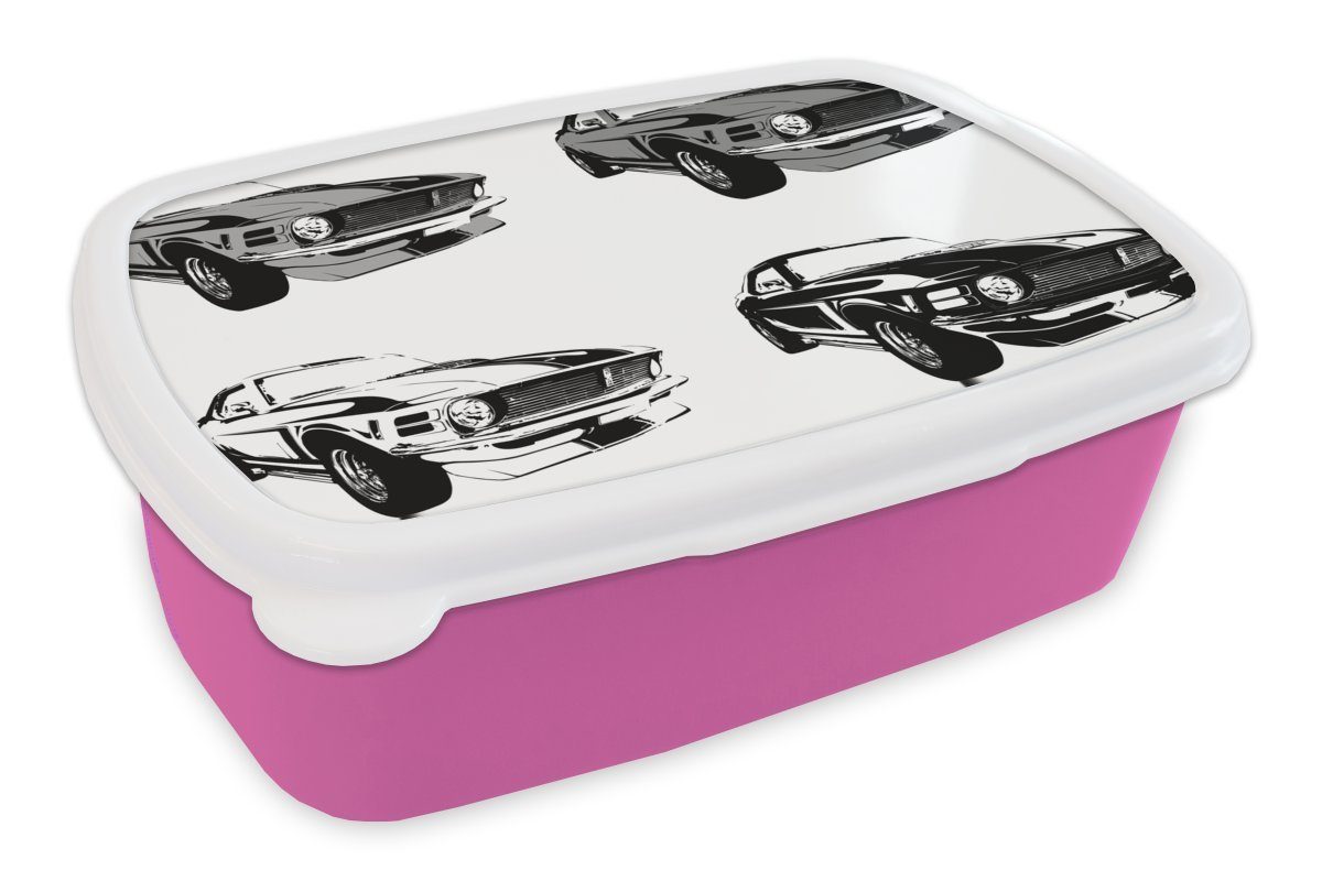 MuchoWow Lunchbox Vier Abbildungen von Muscle Cars in verschiedenen Farben - schwarz und, Kunststoff, (2-tlg), Brotbox für Erwachsene, Brotdose Kinder, Snackbox, Mädchen, Kunststoff rosa