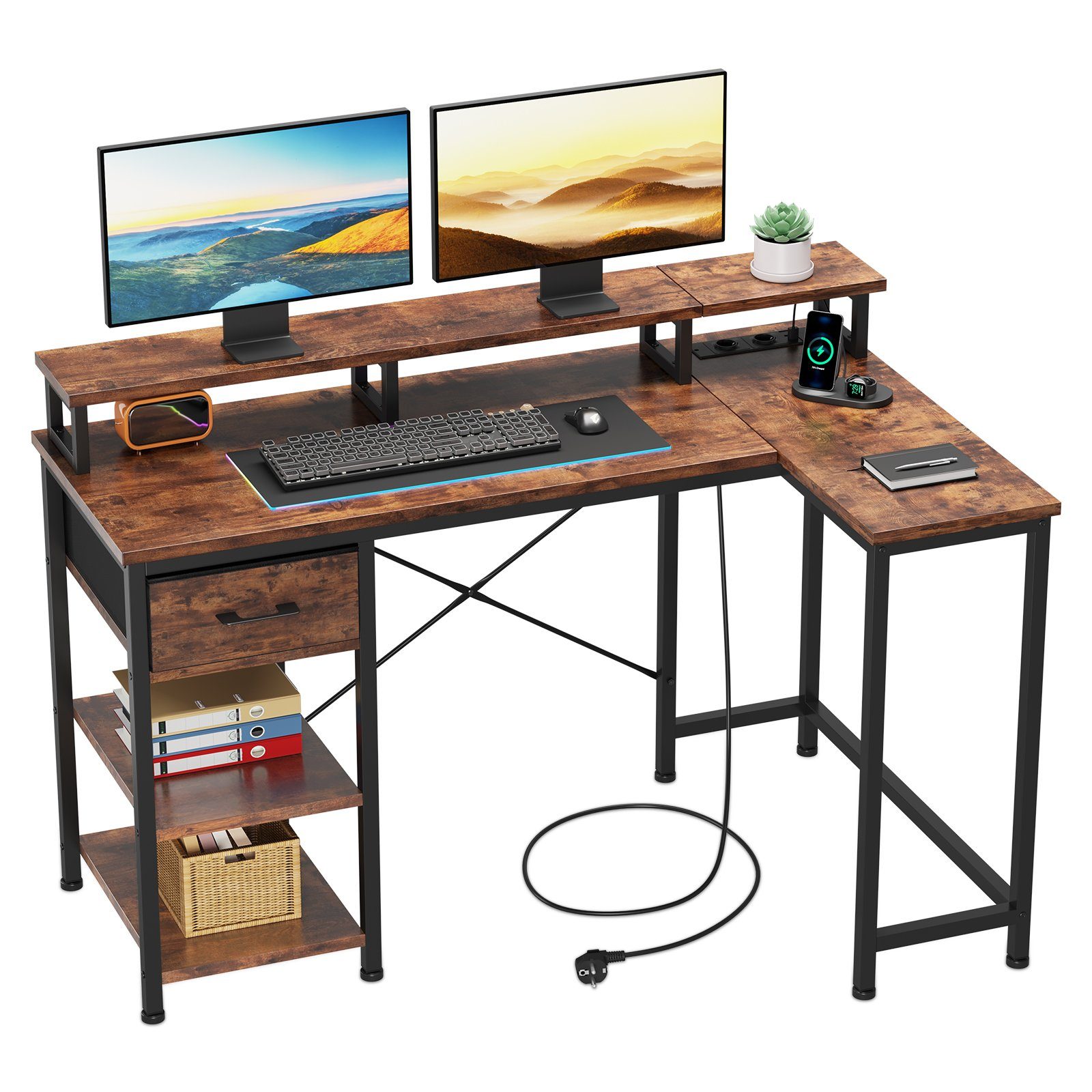 Dripex Eckschreibtisch Schreibtisch L-Form mit Regal Schublade, mit Steckdose und USB Ladeanschlüsse