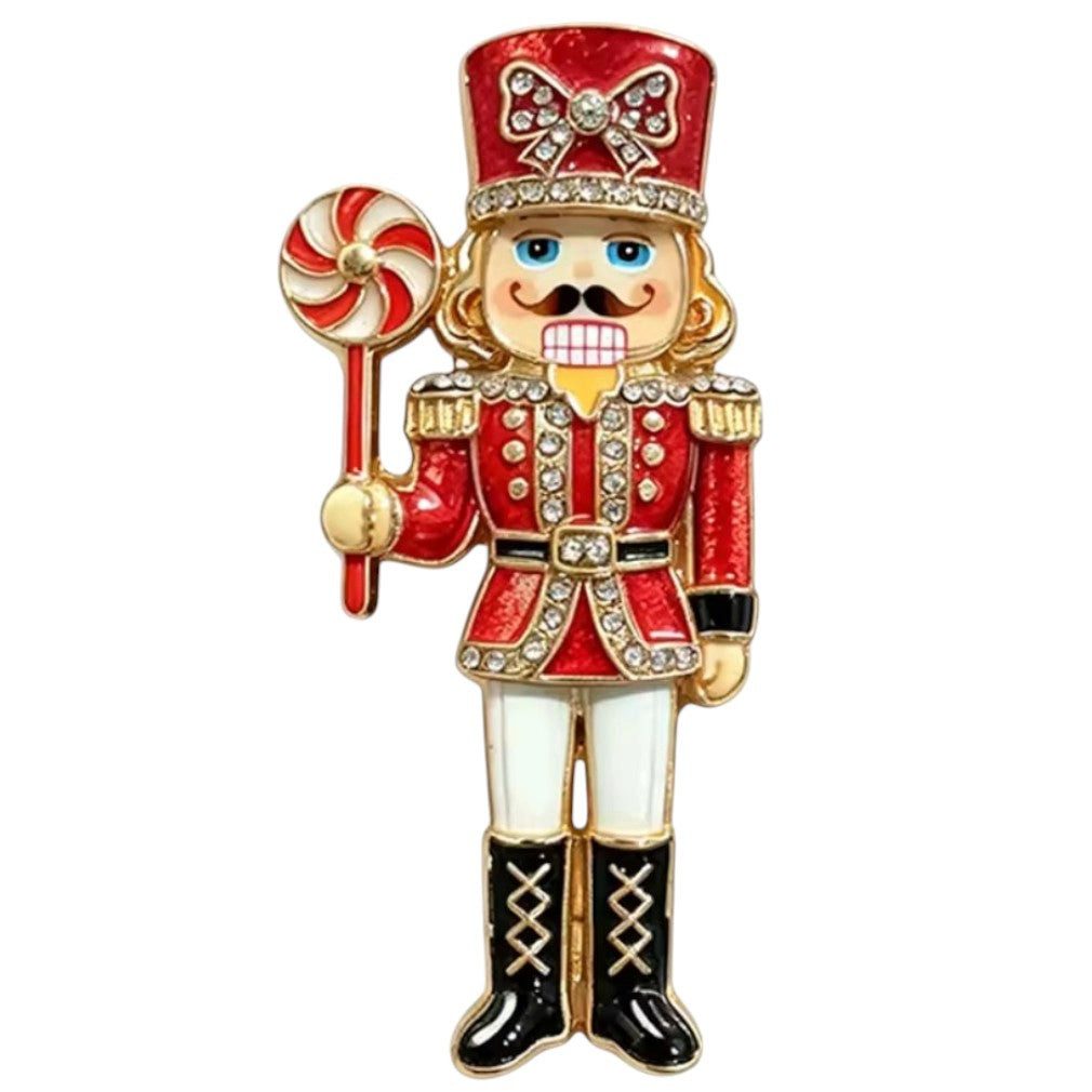 Dark-Desires Brosche Weihnachtsbrosche Nussknacker-Soldat mit Lolli – Emaille & Strass, Damen Brosche vintage Accesssoire retro Anstecknadel