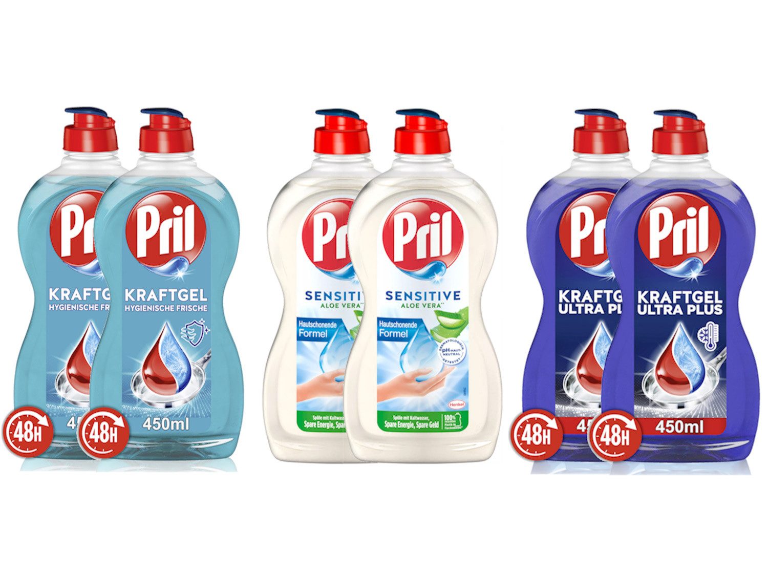 PRIL Kraft Ultra Plus & Hygienische Frische & Sensitive Aloe Vera 6 x 450ml Geschirrspülmittel (Spar-Set, [6-St. mit hoher Fettlösekraft für sauberes Geschirr)