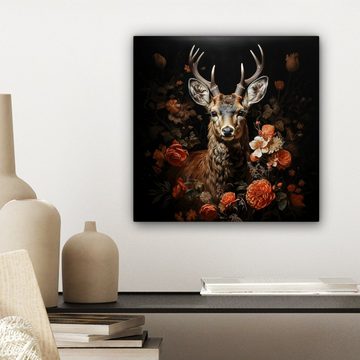 OneMillionCanvasses® Leinwandbild Hirsch - Tier - Blumen - Natur - Botanisch, (1 St), Leinwand Bilder für Wohnzimmer Schlafzimmer, 20x20 cm