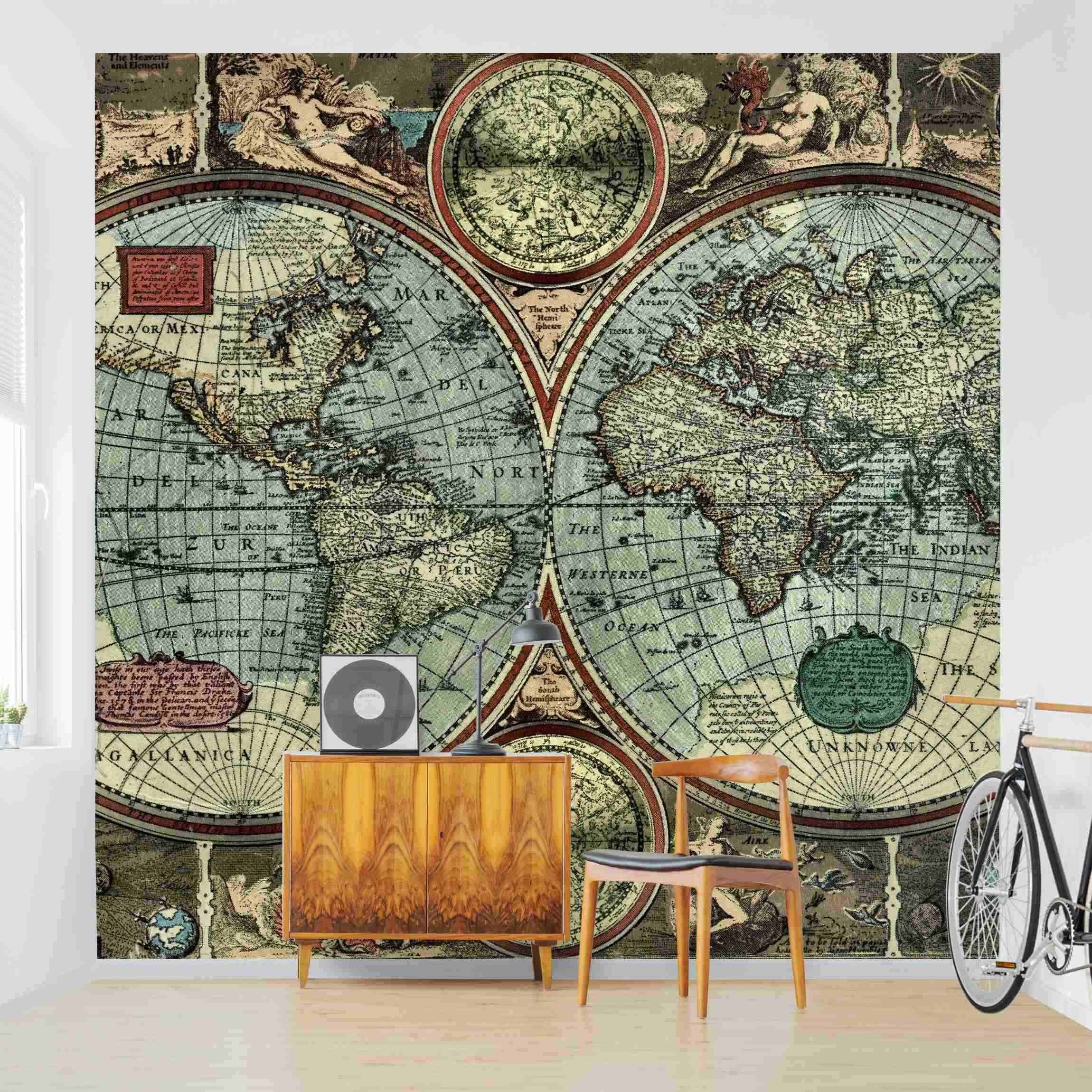 Bilderdepot24 Fototapete Weltkarte Die alte Welt Vintage Rustikal Wanddeko XXL, Glatt, Matt, (Vliestapete inkl. Kleister oder selbstklebend), Wohnzimmer Schlafzimmer Küche Flur Motivtapete Vliestapete Wandtapete