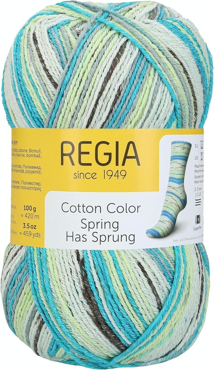 Regia Sockenwolle 4 fädig Cotton Color mit Baumwolle Häkelwolle, 420 m (100g Strumpfwolle, Sockengarn 4fach, auch für empfindliche Haut und Wolle-Allergiker), mit 72% Baumwolle, ohne Schurwolle