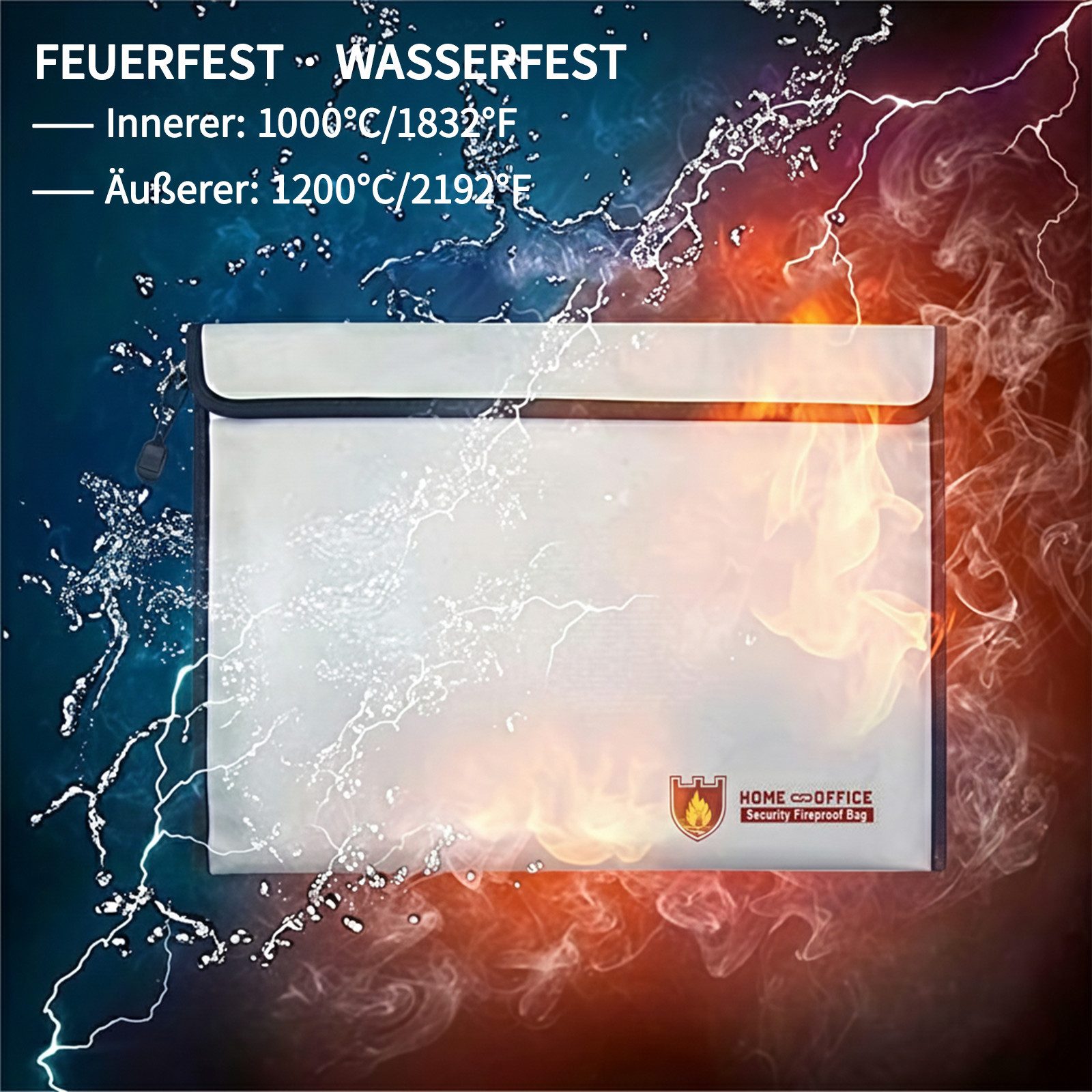 MOPUEA Dokumententasche Feuerfeste Tasche Dokumententasche Wasserdicht Große Kapazität Tragbar (Feuerfeste und wasserdichte Dokumententasche für Wertsachen, Schützt vor Feuer (1200°C) und Wasser, für A4-Dokumente), Große Kapazität, Reißverschluss, feuchtigkeitsbeständig, vielseitig