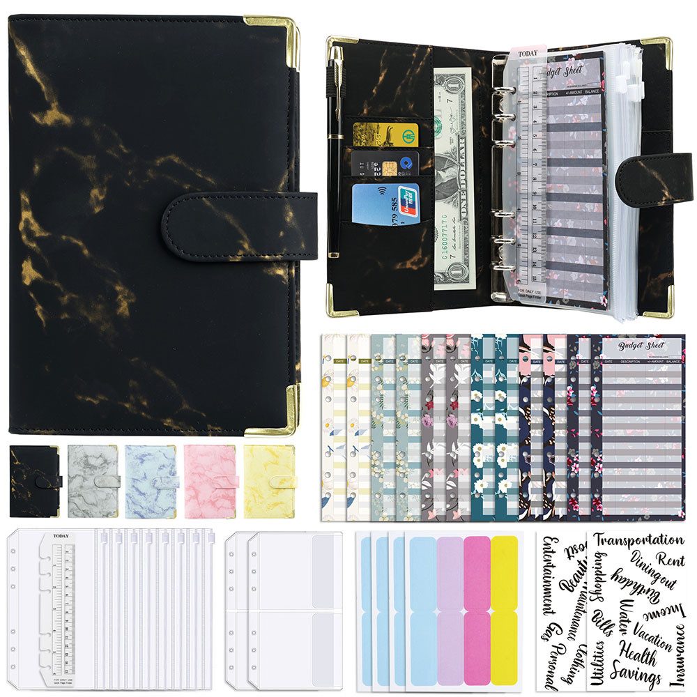 TUWENA Aktenordner A6 Budget Binder Set, Budget Planner mit Geldumschläge und Budgetbogen, Marmor Korn Notizbuch Buch PULeder Handbuch Lose Blatt Ordner Handbuch