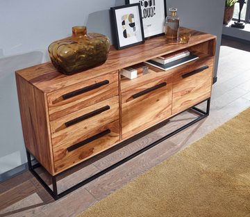 Wohnling Sideboard WL6.521 (165x80x40 cm Sheesham Massivholz / Metall Anrichte), Kommode mit Weinregal, Hausbar mit Schubladen