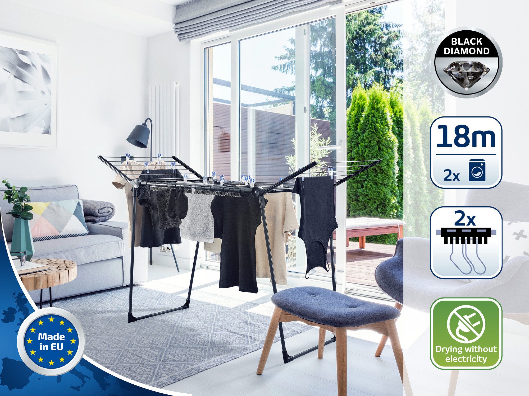 Leifheit Wäscheständer Standtrockner Pegasus 180 Solid Black, Trockenlänge, 105cm Flügelhöhe, Kleinteilehalter, zusammenklappbar