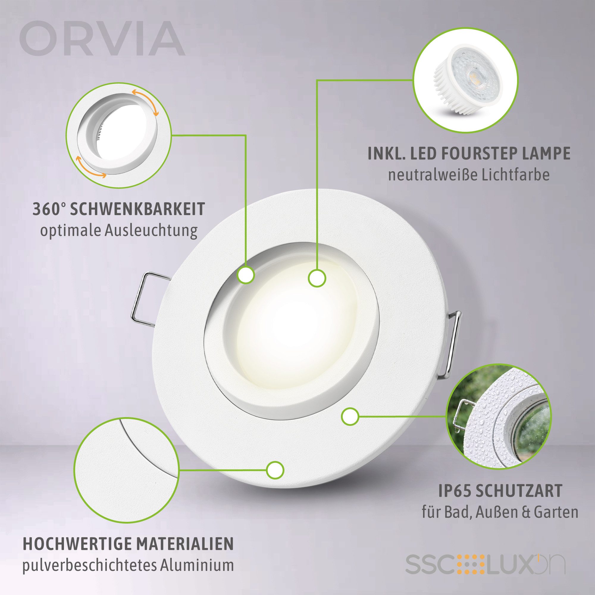 SSC-LUXon LED Außen-Deckenleuchte ORVIA Spot IP65 schwenkbar inkl. LED Lampe mit fourSTEP 4W neutralweiß, Neutralweiß