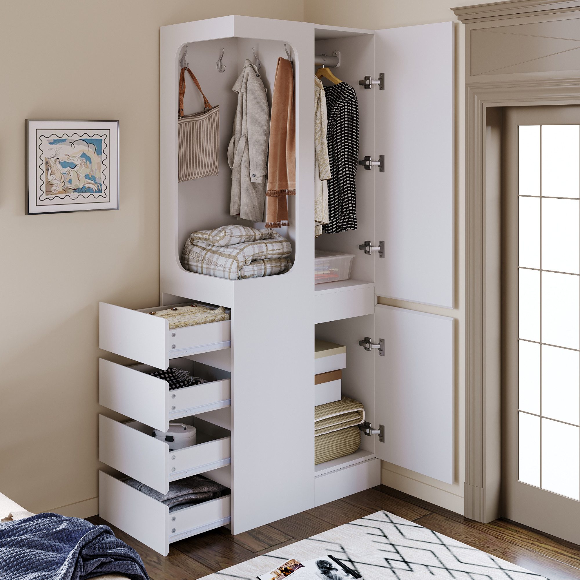 Merax Kleiderschrank 70x40x170cm (für Schlafzimmer, Wohnzimmer oder Büro, 1-St., platzsparend & vielseitig) Schrank Kleiderschrank mit 4 Schubladen, offenem Stauraum & 2 Türen