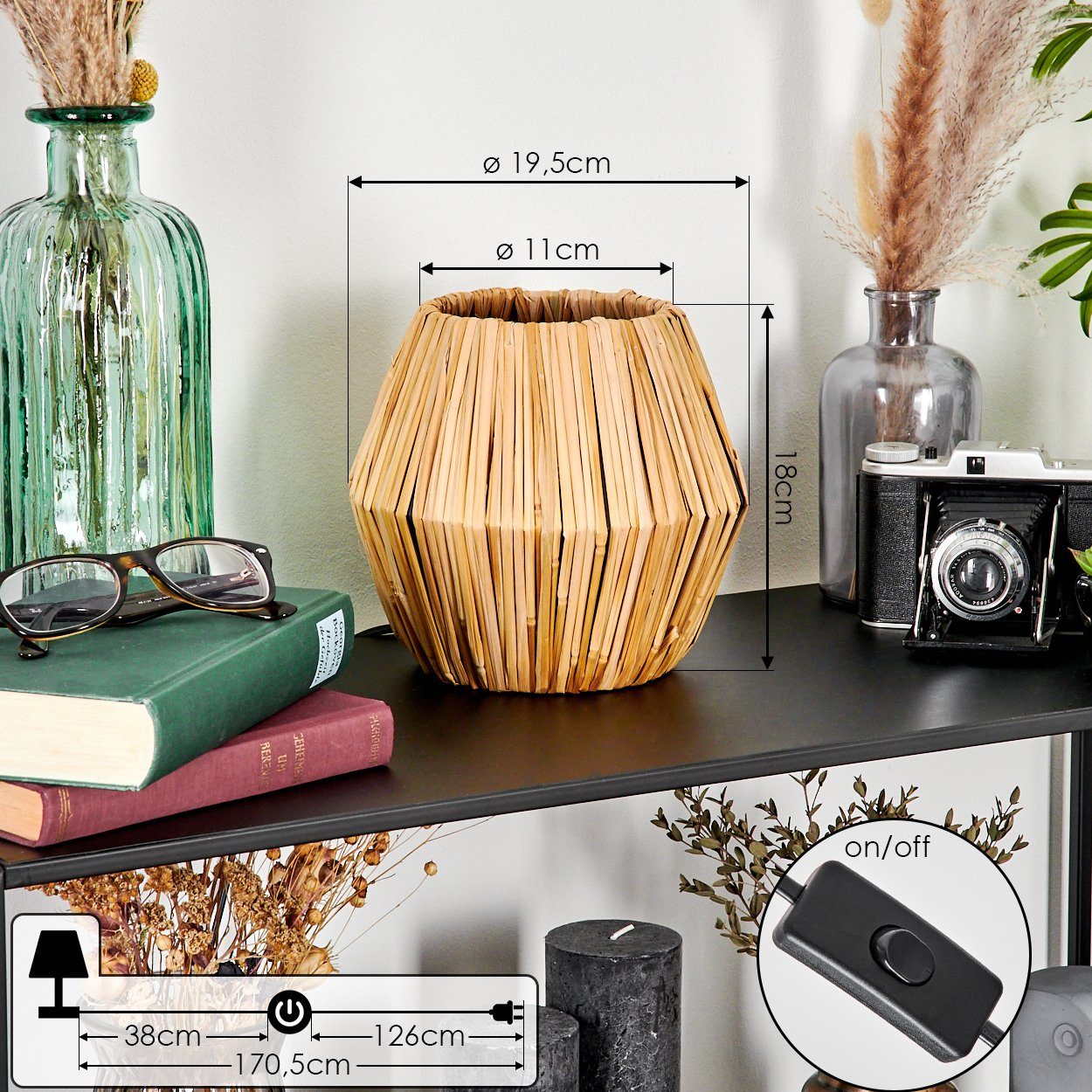 hofstein Tischleuchte moderne Boho Tischlampe aus Metall/Rattan in Schwarz/Natur, ohne Leuchtmittel, Nachttischlampe An-/Ausschalter, Lichteffekt, 1xE14, ohne L – Bild 4 von 5