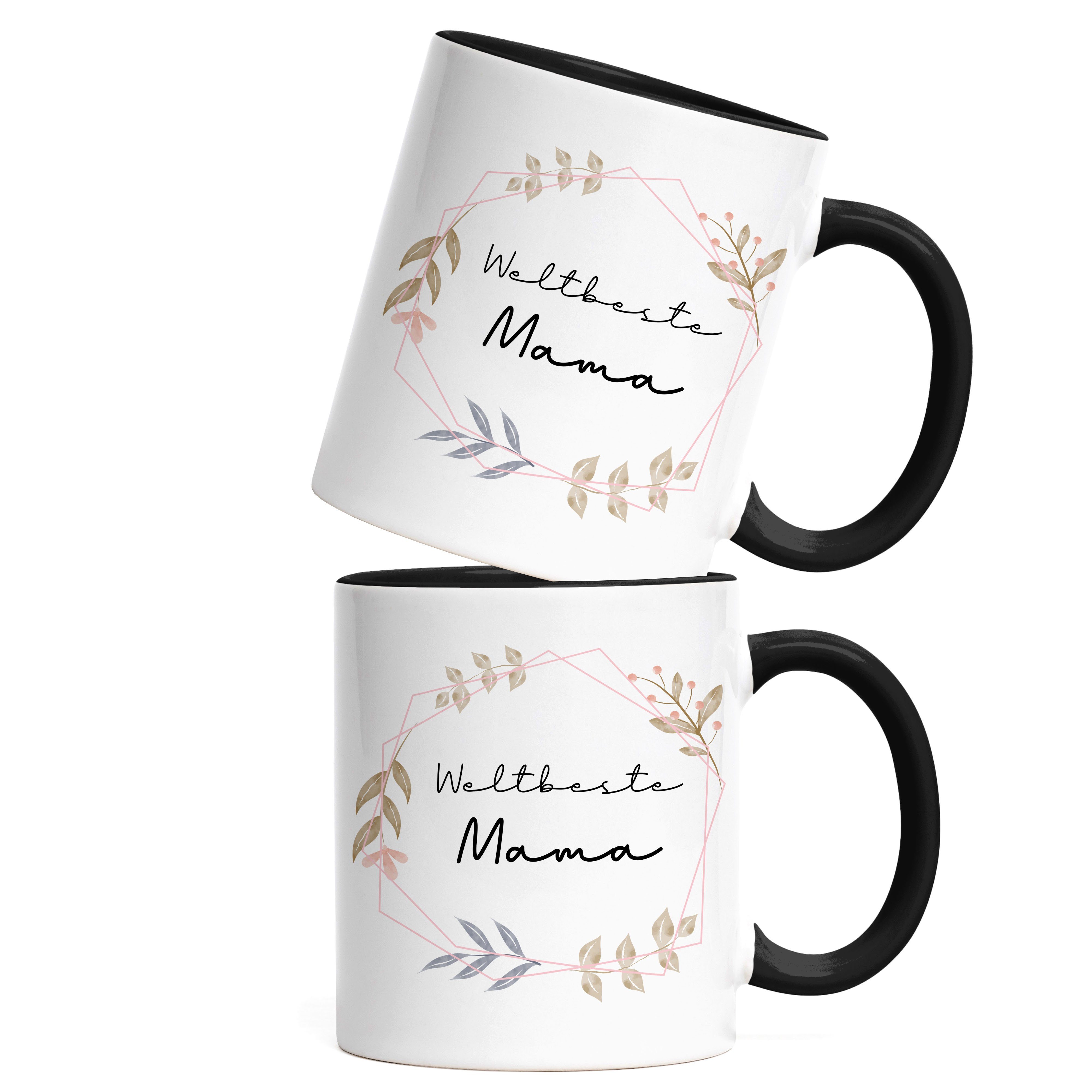 Mama Geburtstag Blumenmotiv Hey!Print Tasse Liebe Geschenkidee Muttertag Weltbeste Schwarz Tasse