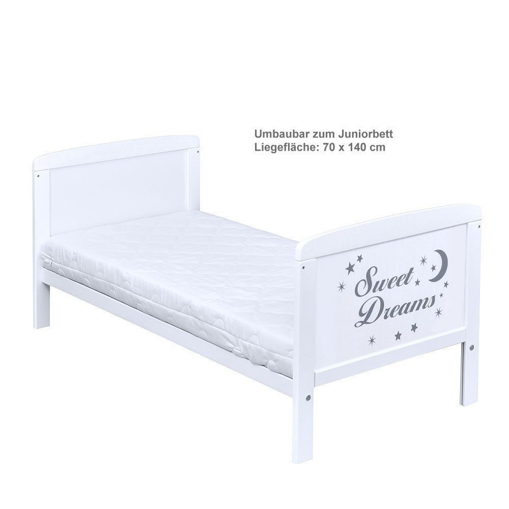 Baby-Delux Babybett Sweet Dreams, Kinderbett Gitterbett 140x70 weiß mit Beißschienen, Matratze umbaubar