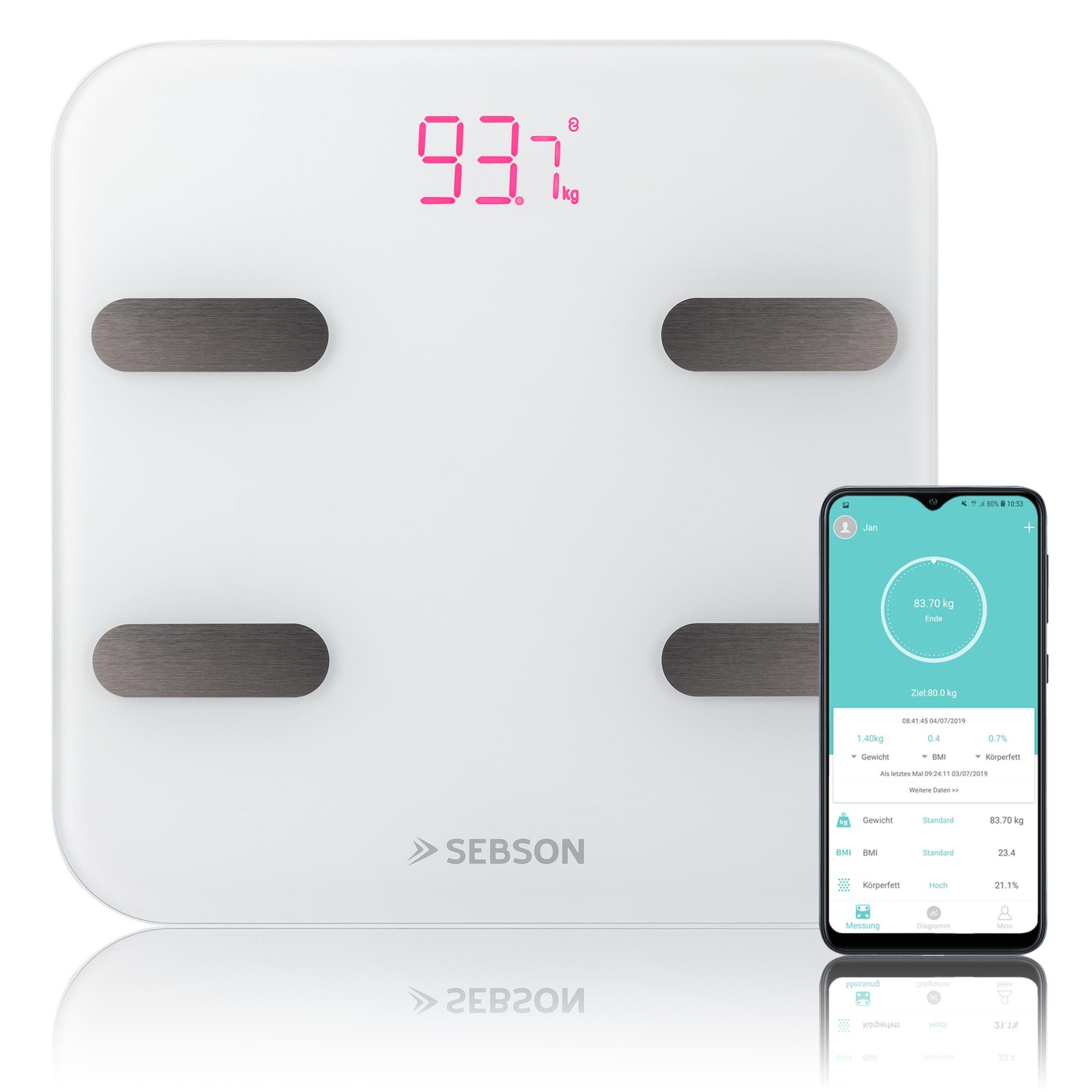SEBSON Körper-Analyse-Waage Personenwaage mit App digital Bluetooth bis  180kg - Körperfettwaage, Körperanalyse (11 Körperwerte)