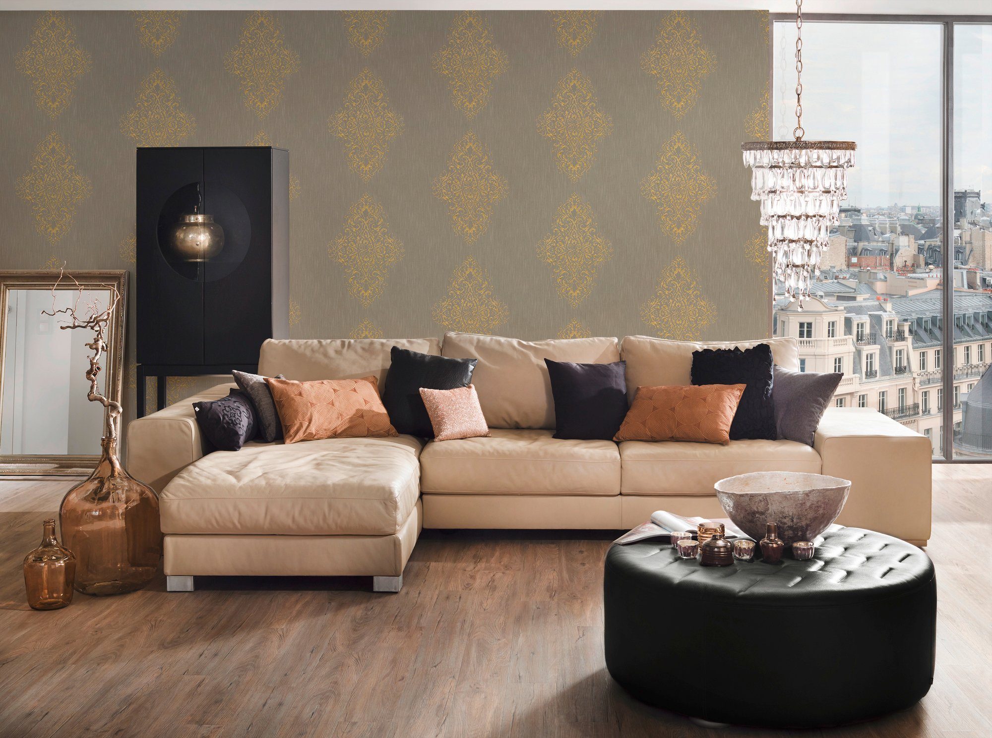 Effekt Textil Barock wallpaper, Luxury Metallic Tapete Textiltapete Barock, samtig, Architects beige/gold Paper