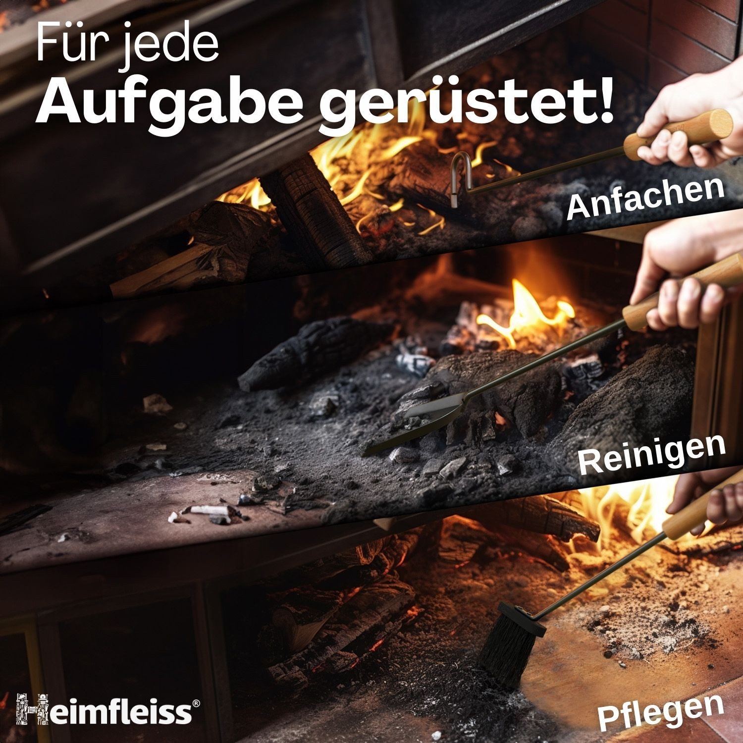 Heimfleiss® Kamingarnitur Modernes Kaminbesteck aus Stahl & Holz – 3-teilig oder 4-teilig, Elegantes Kaminzubehör mit Schaufel, Besen & Schürhaken, Stilvoll