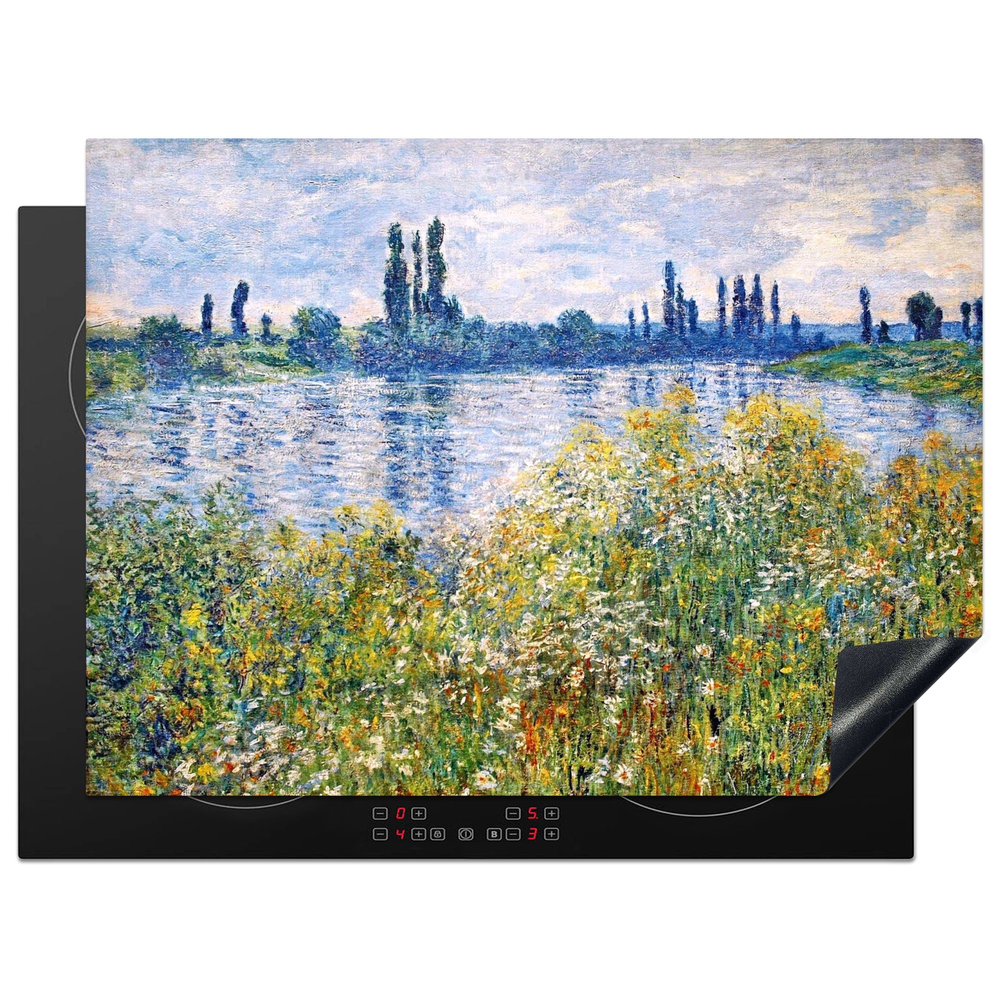 MuchoWow Herdblende-/Abdeckplatte Blumen am Ufer der Seine, in der Nähe von Vetheuil - Gemälde von, Vinyl, (1 tlg), 70x52 cm, Mobile Arbeitsfläche nutzbar, Ceranfeldabdeckung