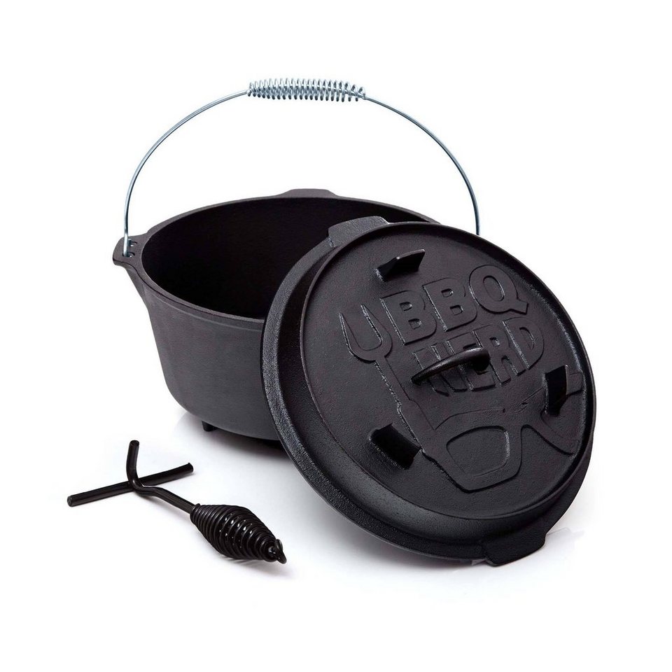 BBQ Nerd Feuertopf Professional mit Füßen, (Dutch Oven Bräter mit Deckel  inkl. Deckelheber , bereits eingebrannt - preseasoned, 4,2L / 7,3L 9,0L /  13,6L), Feuerfester Grill & Camping Kochtopf, Grilltopf