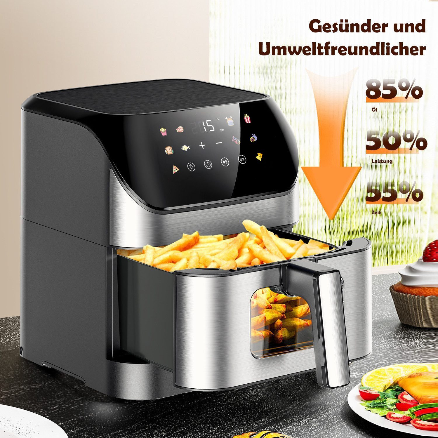 oyajia Heißluftfritteuse Heißluftfritteuse XXL 8L mit Sichtfenster, Friteuse ohne Öl 80°C-200°C, 1800 W, Airfryer mit 10 Programmen, Beleuchtung, Timer und Touc – Bild 4 von 5