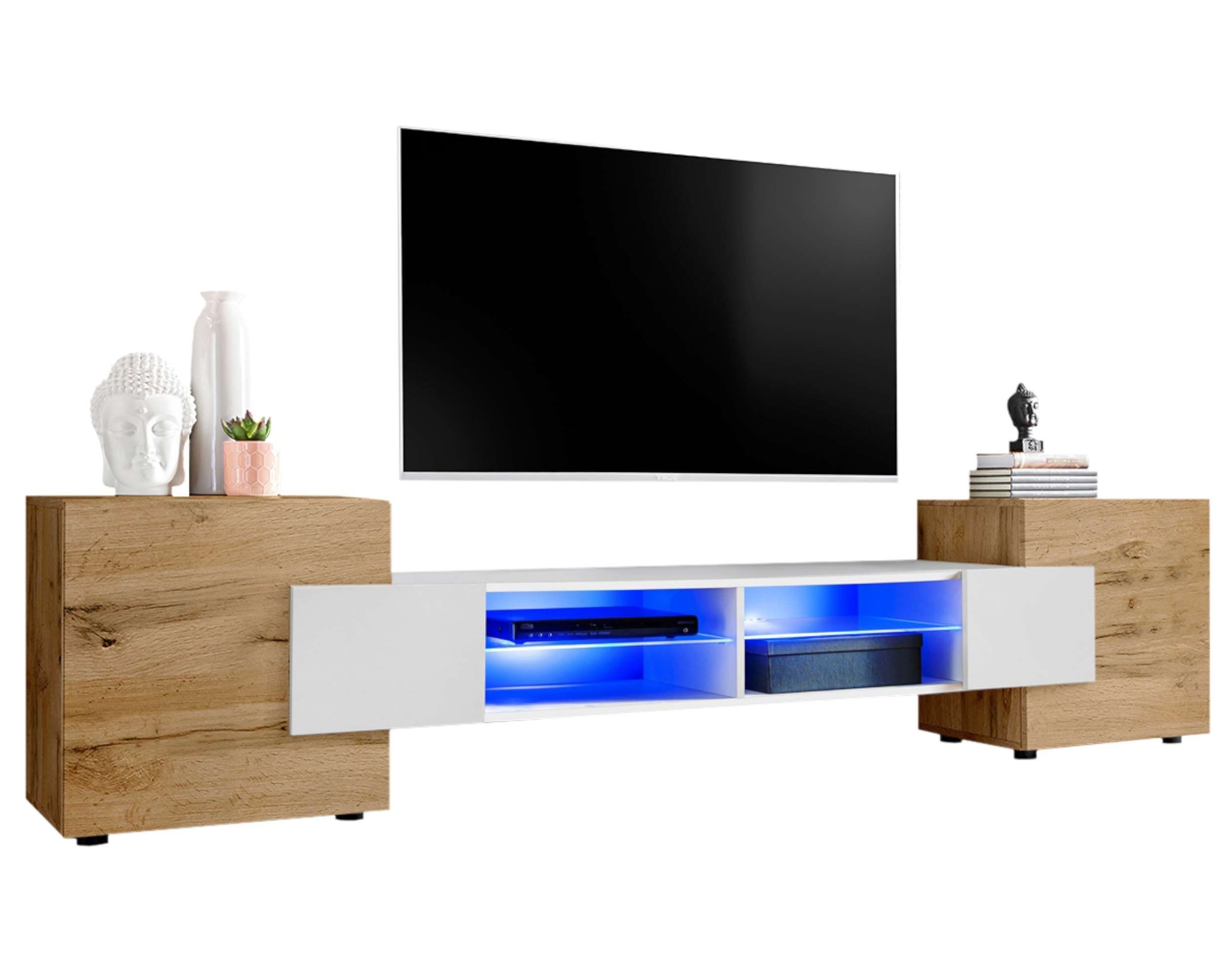 99rooms Lowboard Seoul I (TV-Kommode, TV-Schrank, Fernsehschrank), wahlweise mit LED-Beleuchtung, Hochglanzfront, Glaseinlegeböden, Modern Design, aus Holzwerkstoff, viel Stauraum, variabel stellbar