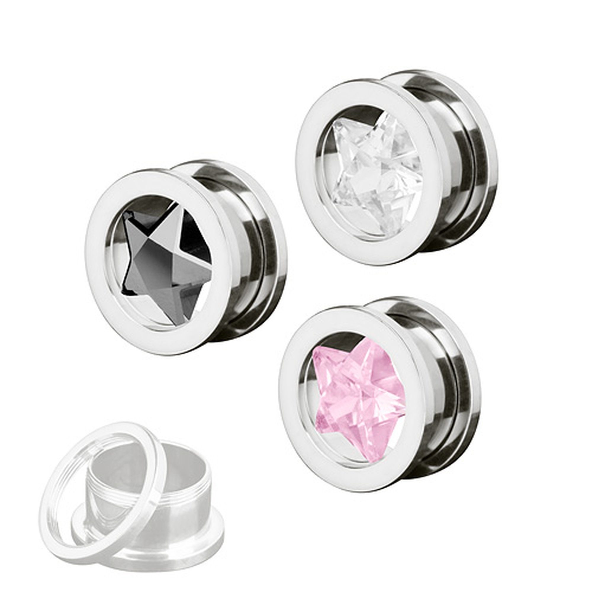 Taffstyle Plug Piercing Schraub Kristall Rosa Flesh Kristall Zirkonia Stern Edelstahl Zirkonia Ohrpiercing Inlay Stern Inlay, Tunnel Plug