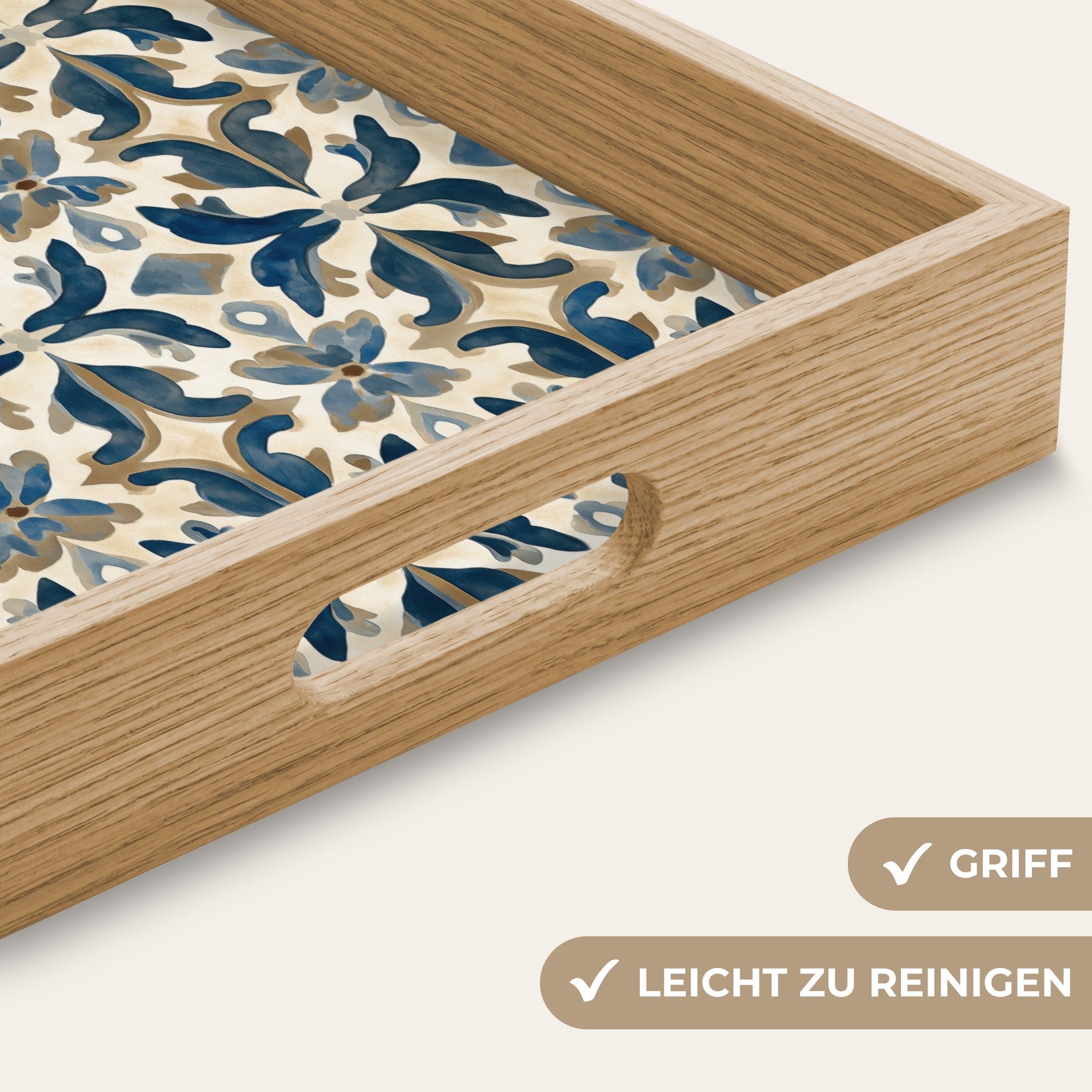 OnlyWow Tablett Rechteckig mit Henkel Fliese - Muster - Blau - Beige, Eichenholz, (1-tlg), Servierbrett Groß, Tischdeko, Platte, Tisch Deko